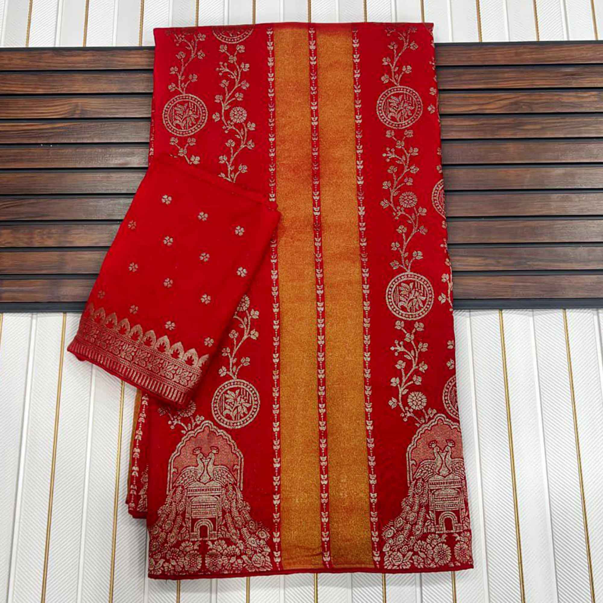 Orange Festive Wear Chinya Tissue Silk Saree Enhanced with Intricate Zari Weaving Detailing