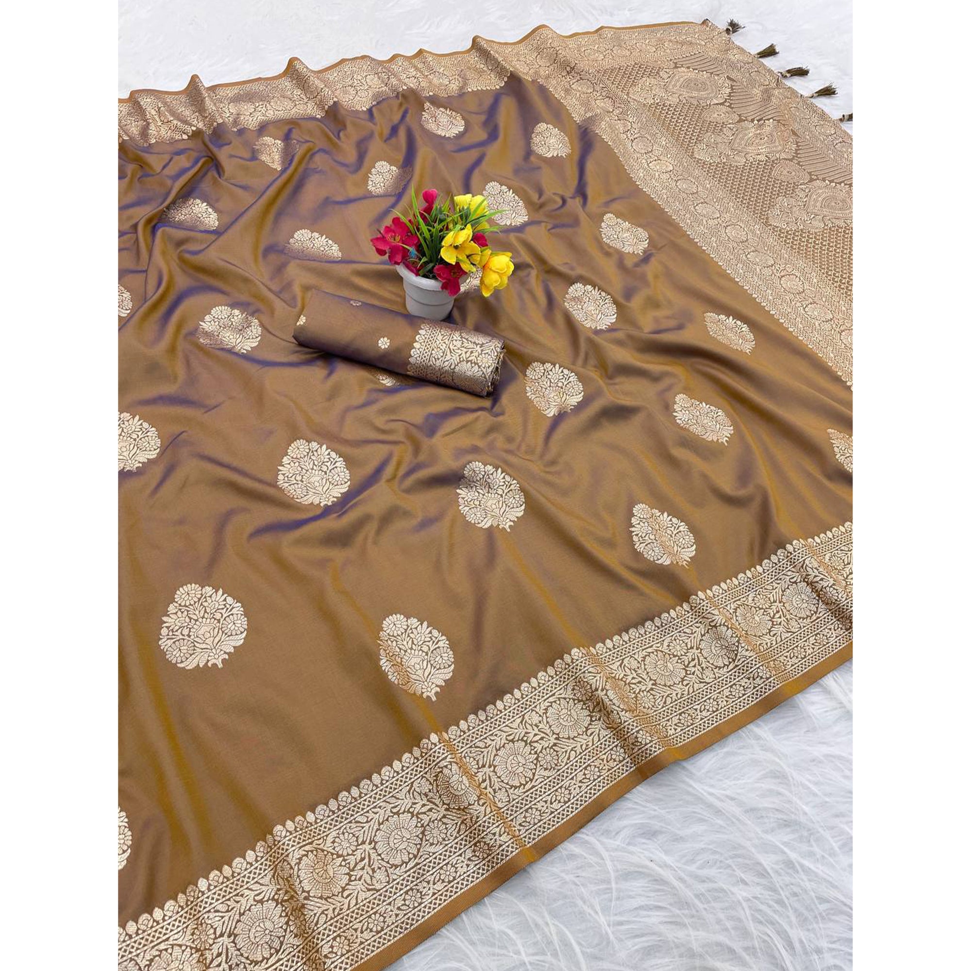 Beige Pure Banarasi Silk Saree Adorned with Intricate Zari Butti Woven Detailing
