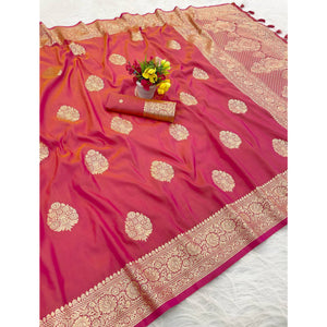 Peach Pure Banarasi Silk Saree Adorned with Intricate Zari Butti Woven Detailing