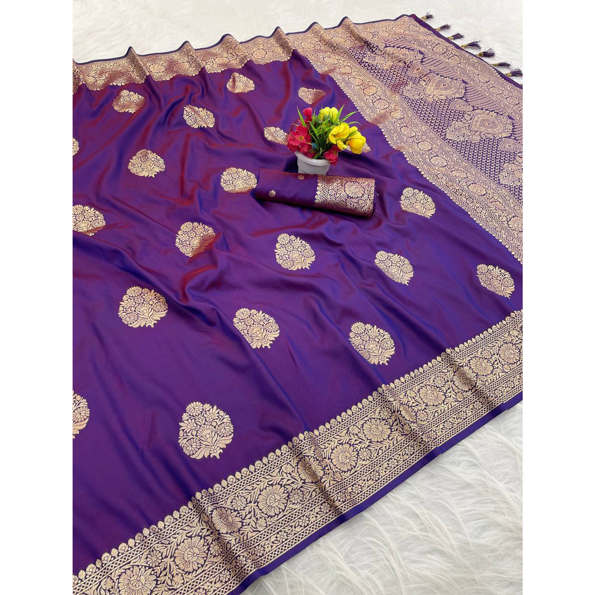 Violet Pure Banarasi Silk Saree Adorned with Intricate Zari Butti Woven Detailing