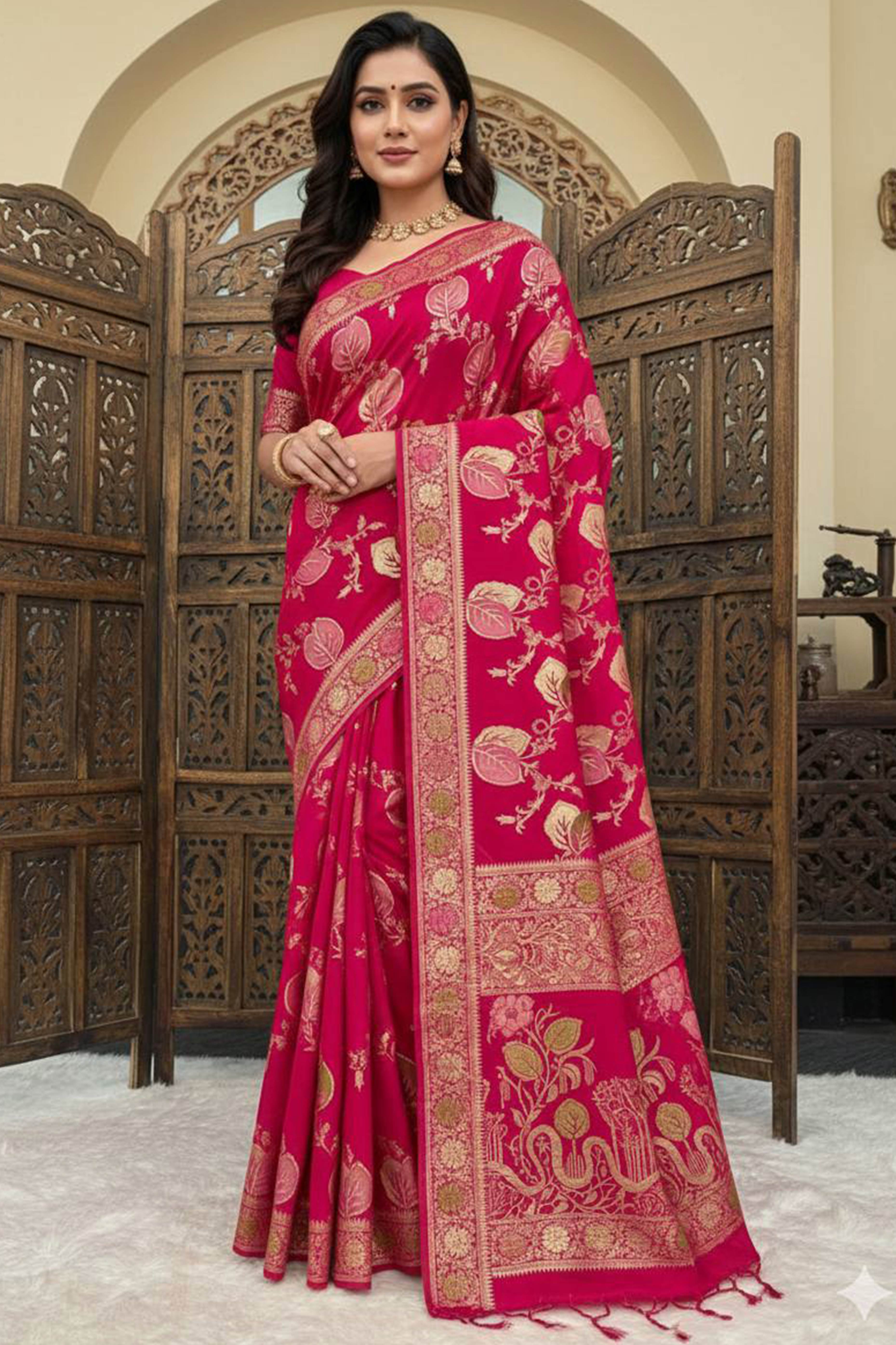 Dark Pink Soft Dola Silk Saree Adorned with Intricate Meenakari-Style Weaving