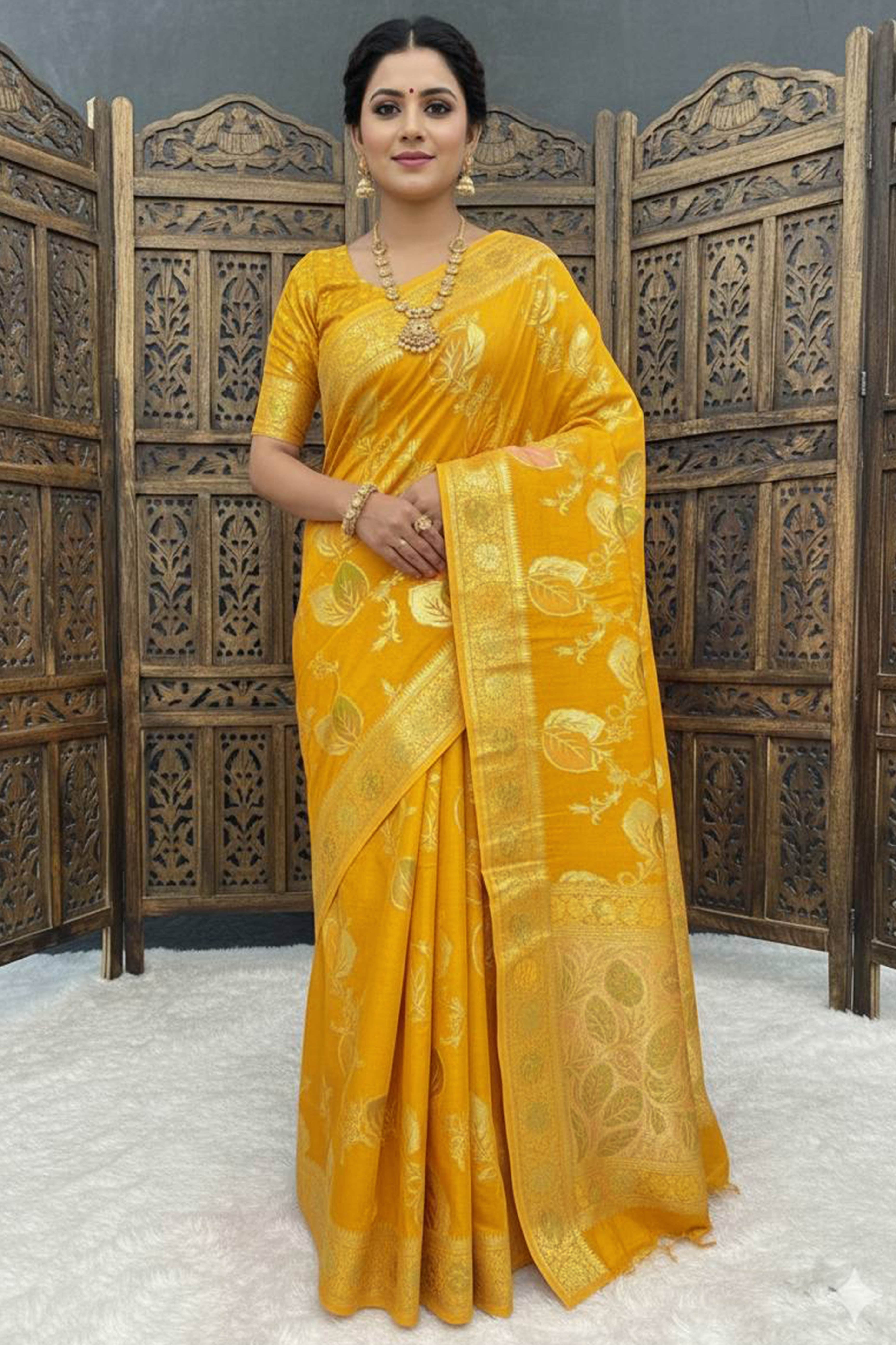 Mustard Soft Dola Silk Saree Adorned with Intricate Meenakari-Style Weaving