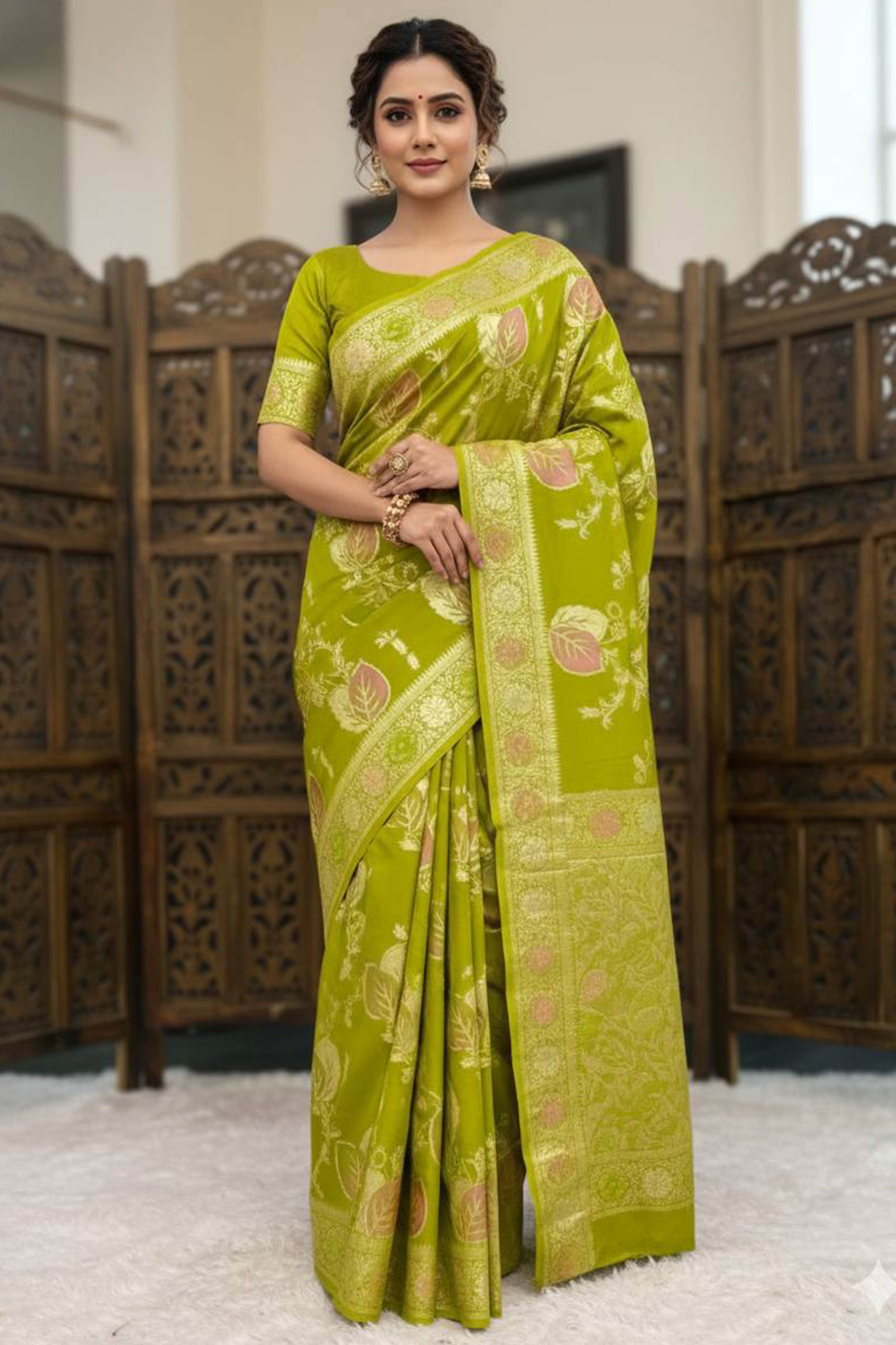 Olive Soft Dola Silk Saree Adorned with Intricate Meenakari-Style Weaving