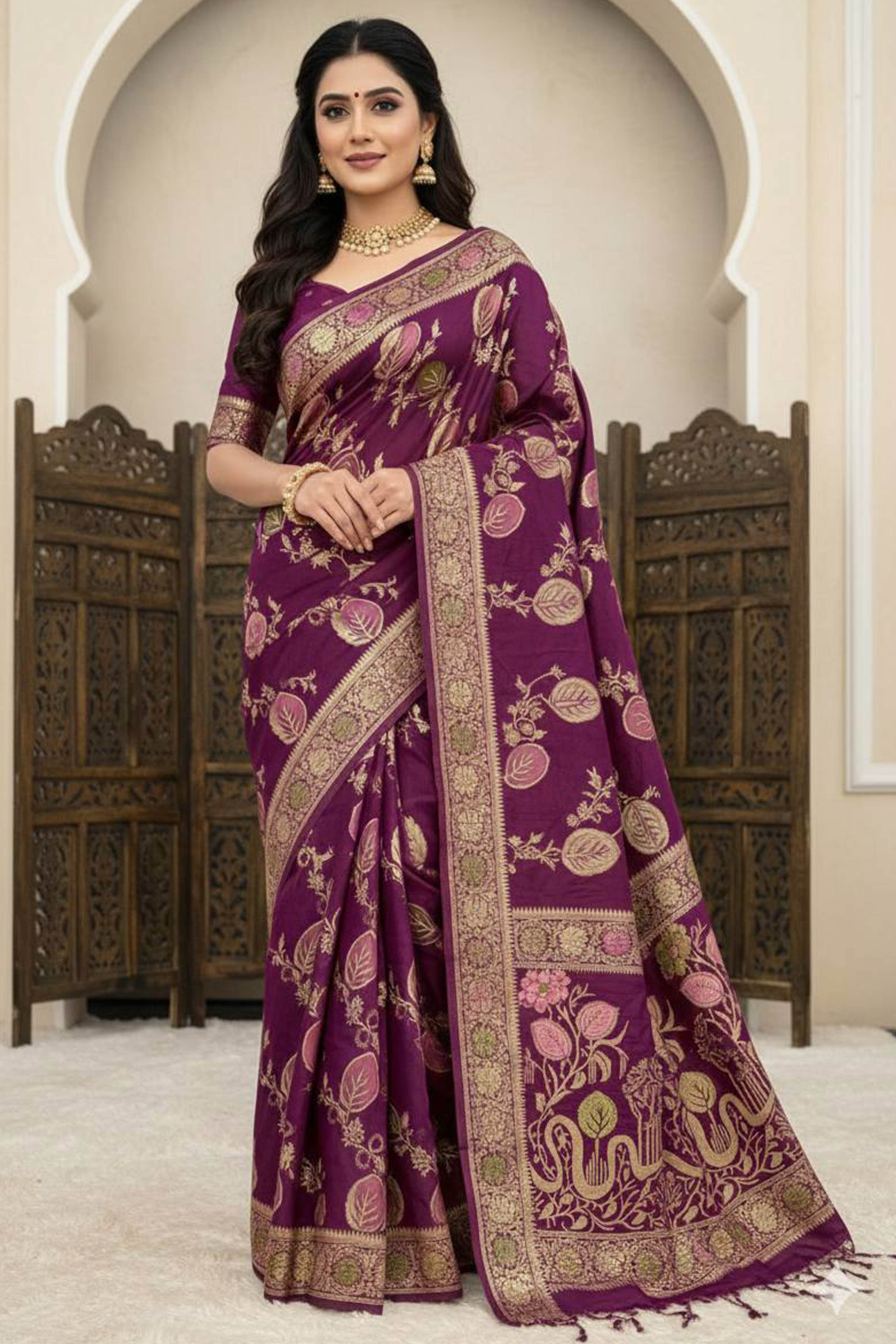 Wine Soft Dola Silk Saree Adorned with Intricate Meenakari-Style Weaving