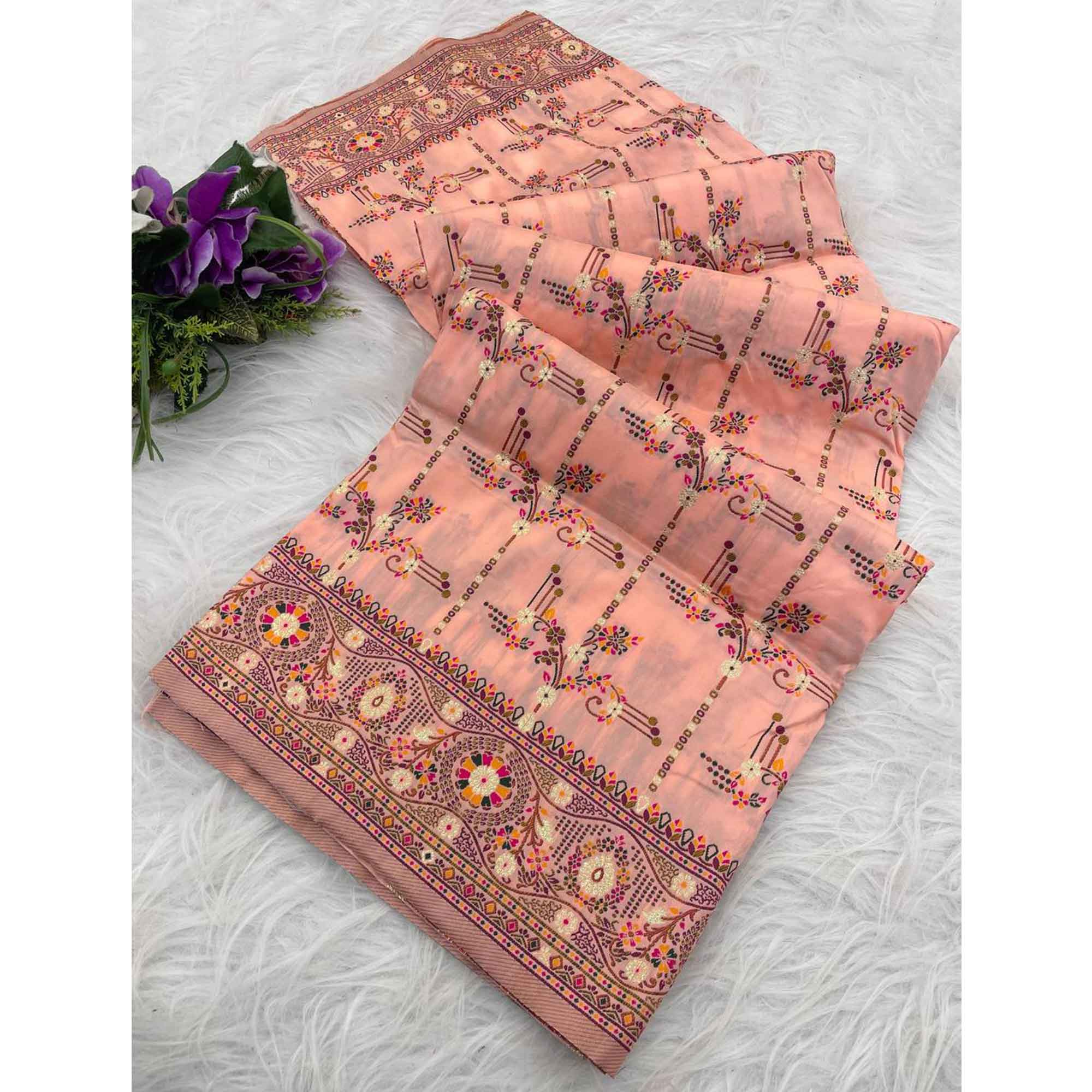 Peach Pashmina Silk Saree Featuring Rajwadi Traditional Weaving with a Kashmiri Pallu