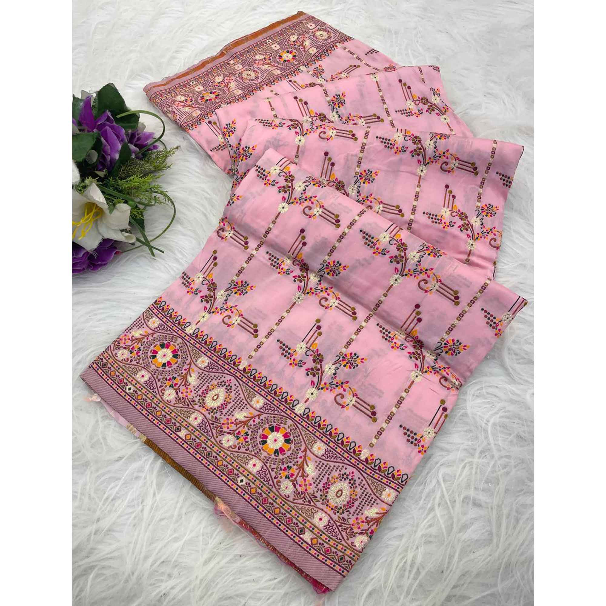 Pink Pashmina Silk Saree Featuring Rajwadi Traditional Weaving with a Kashmiri Pallu