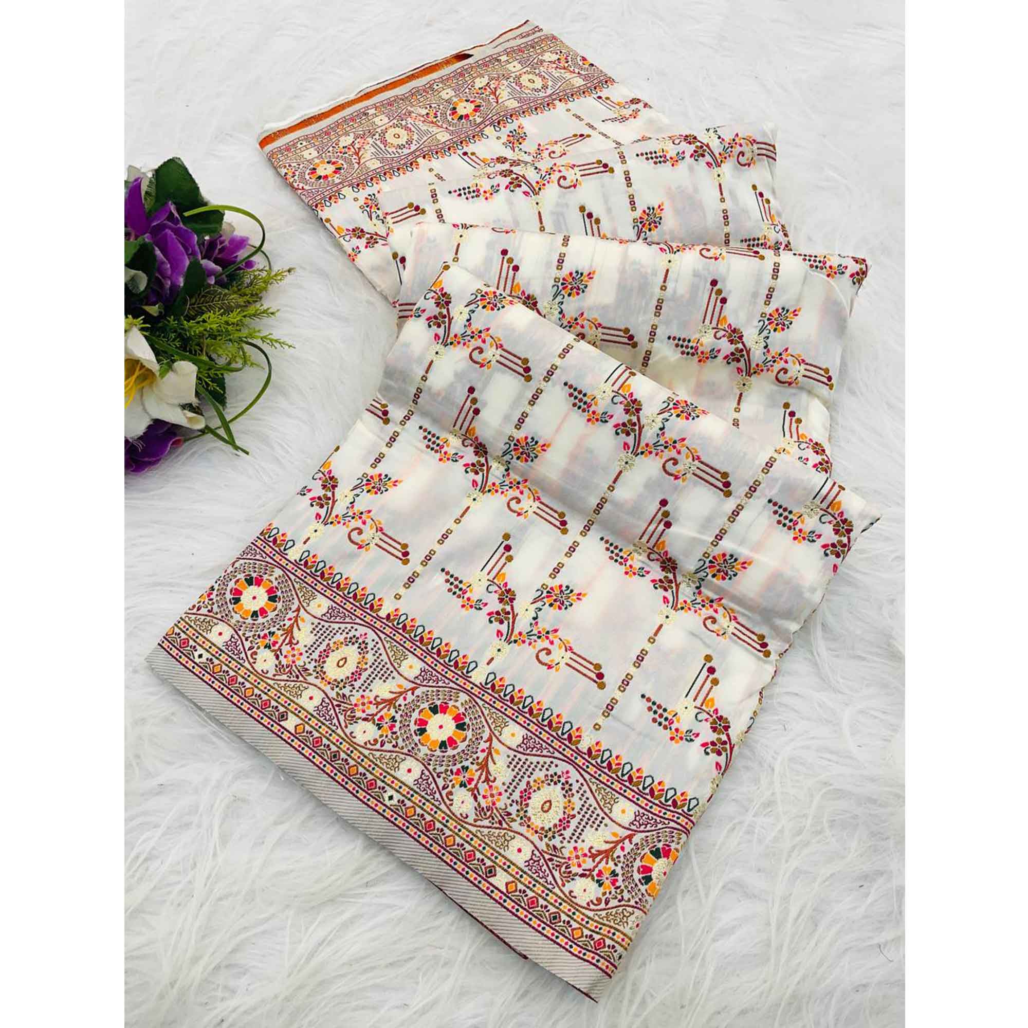 White Pashmina Silk Saree Featuring Rajwadi Traditional Weaving with a Kashmiri Pallu