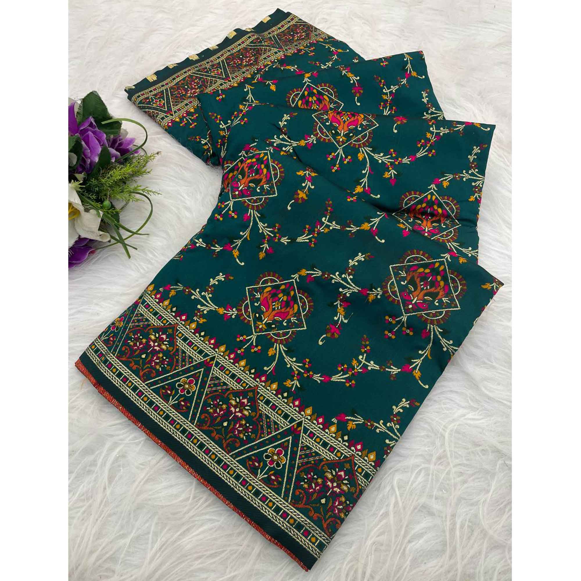 Teal Traditional Rajwadi Weaving Pashmina Silk Saree With Kashmiri Pallu & Elegant Zari Border