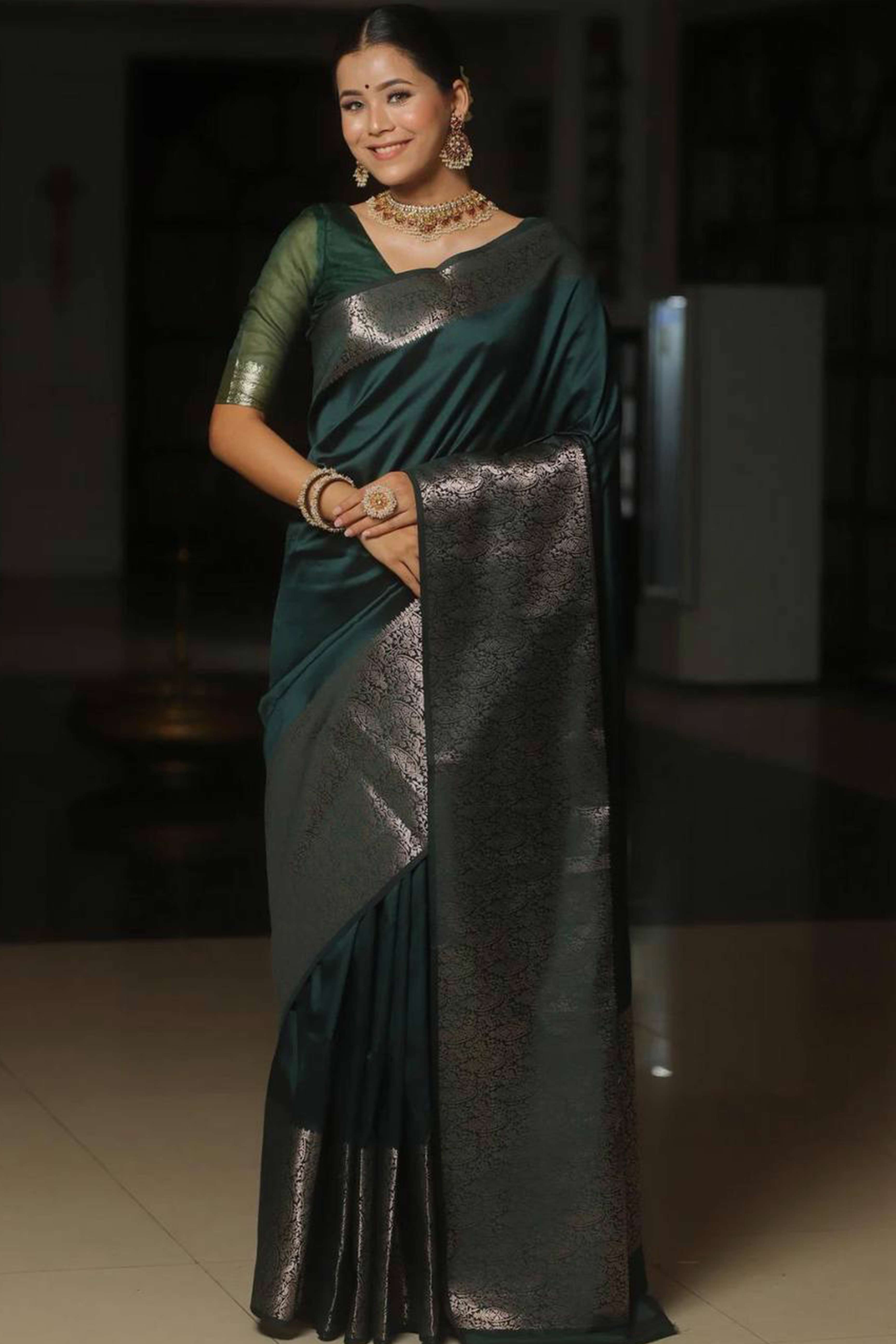 Green Floral Woven Border Lichi Banarasi Silk Saree