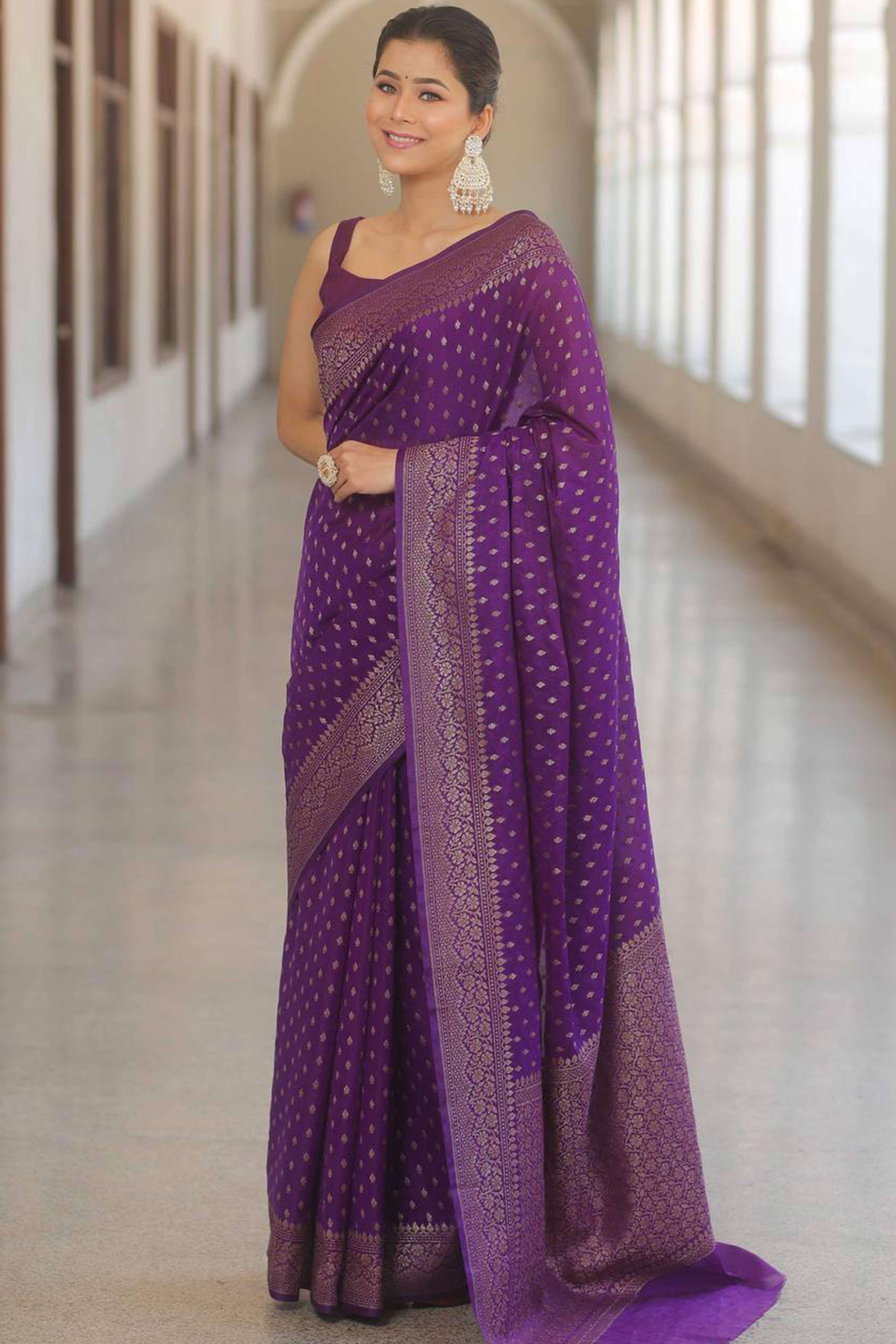 Violet  Floral Woven Lichi Banarasi Silk Saree