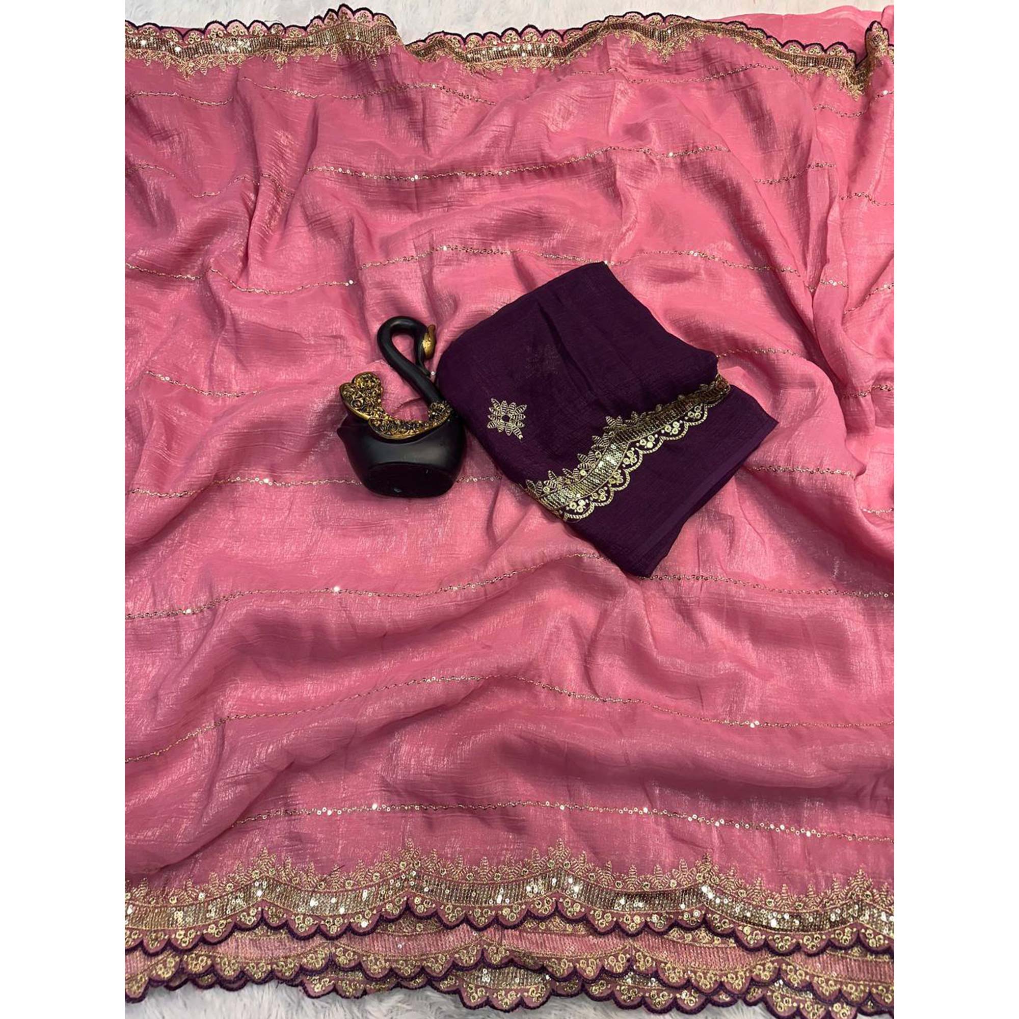 Gajari Pink Sequins Embroidered Tussar silk Saree