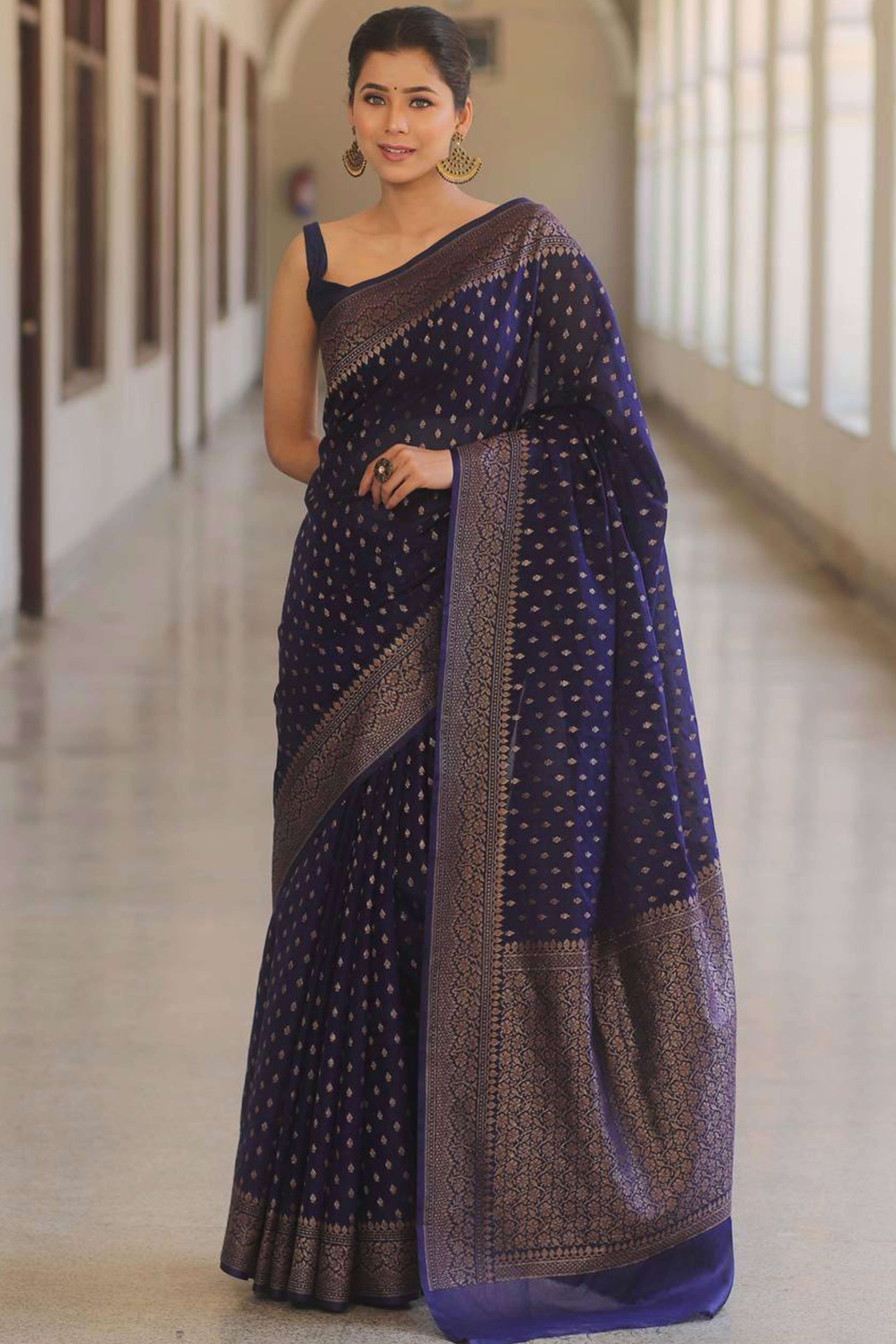 Navy Blue Floral Woven Lichi Banarasi Silk Saree
