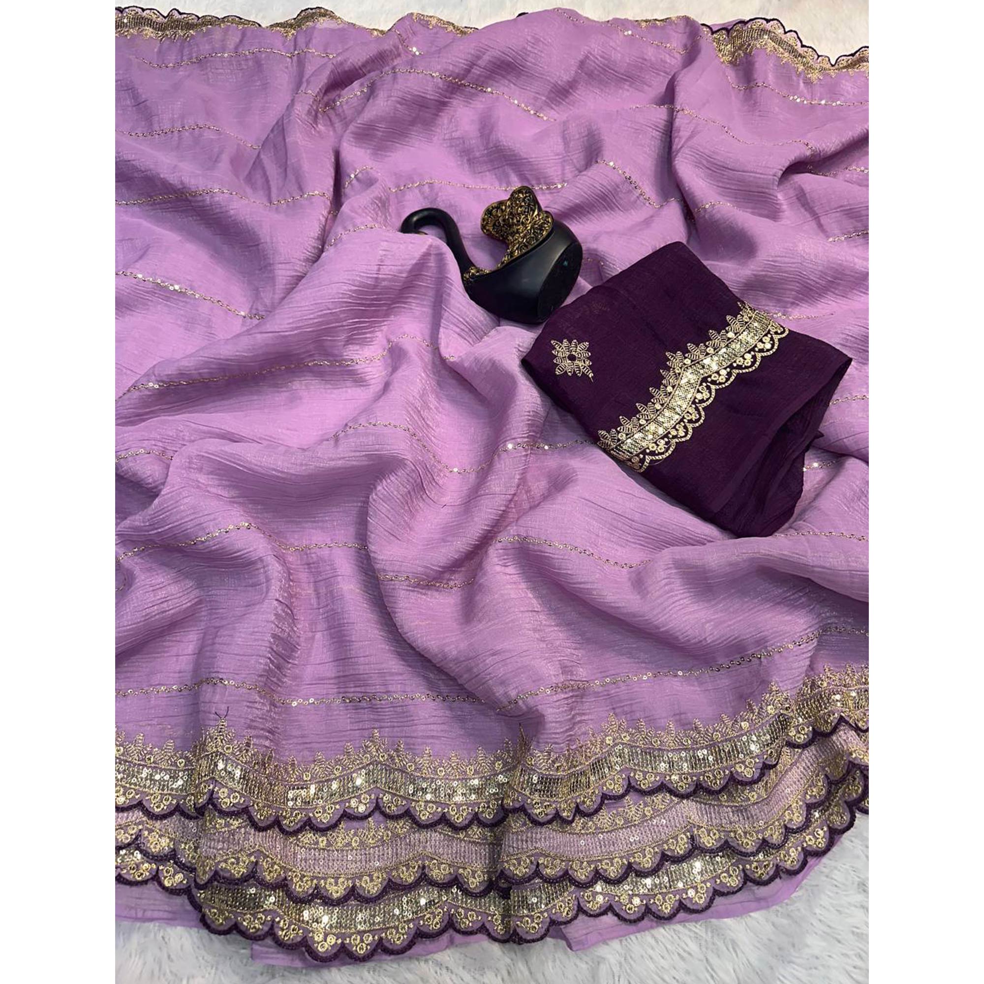 Purple Sequins Embroidered Tussar silk Saree