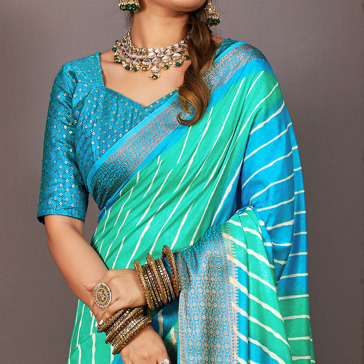 Green & Blue Printed Dola Silk Saree With Zari Border