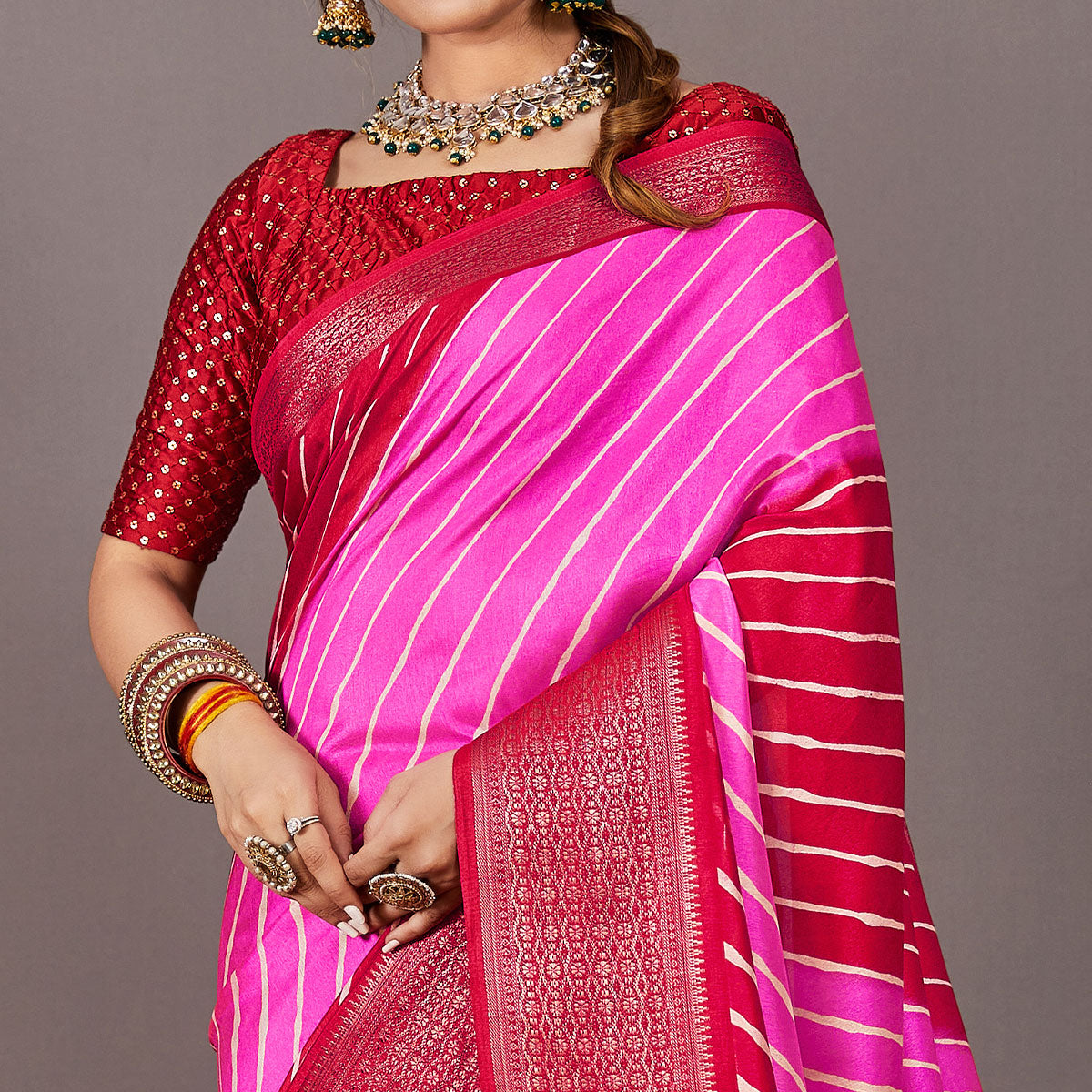Pink & Red Printed Dola Silk Saree With Zari Border