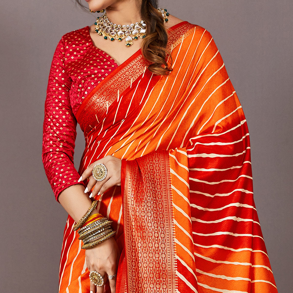 Red & Orange Printed Dola Silk Saree With Zari Border
