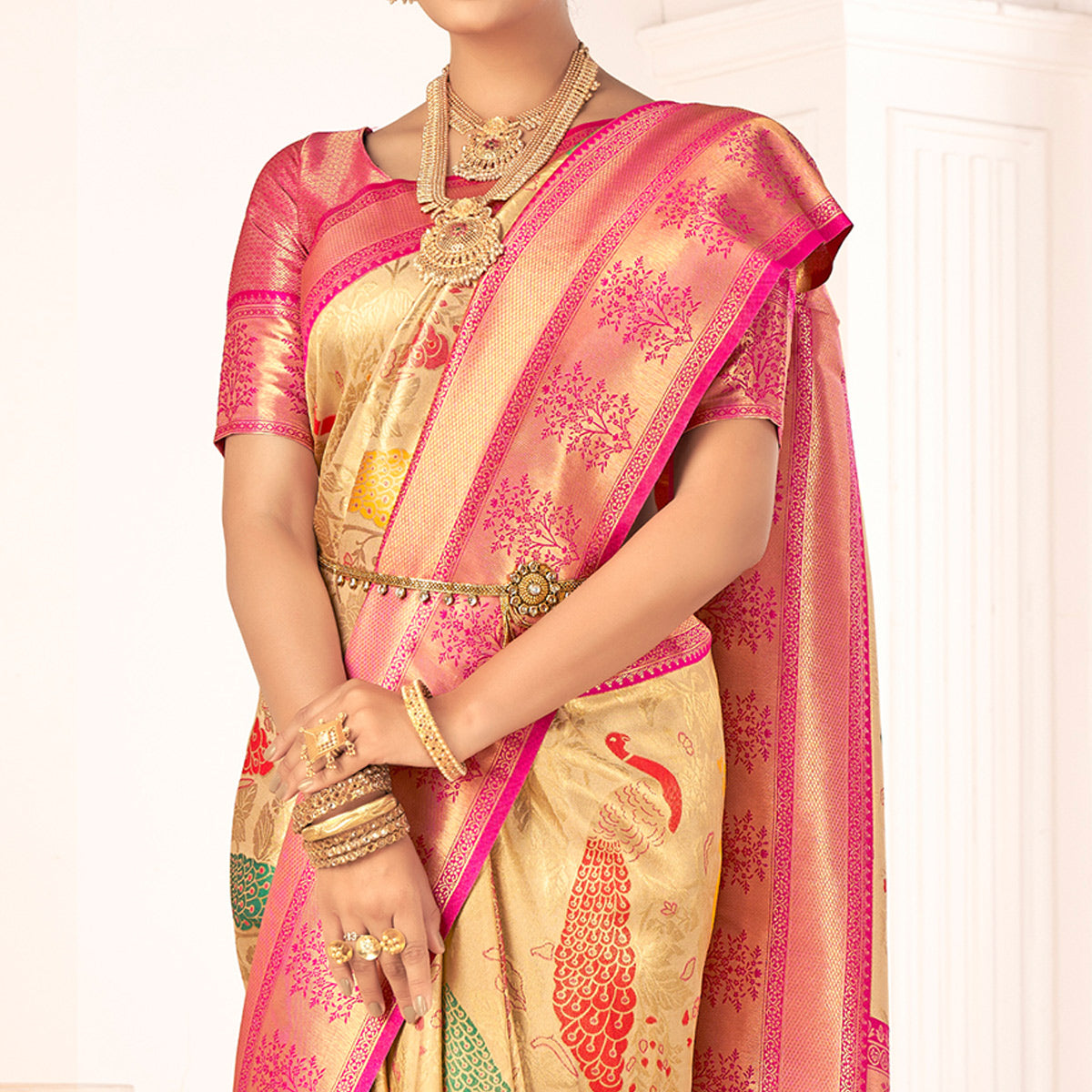 Beige Woven Pure Silk Saree With Tassels