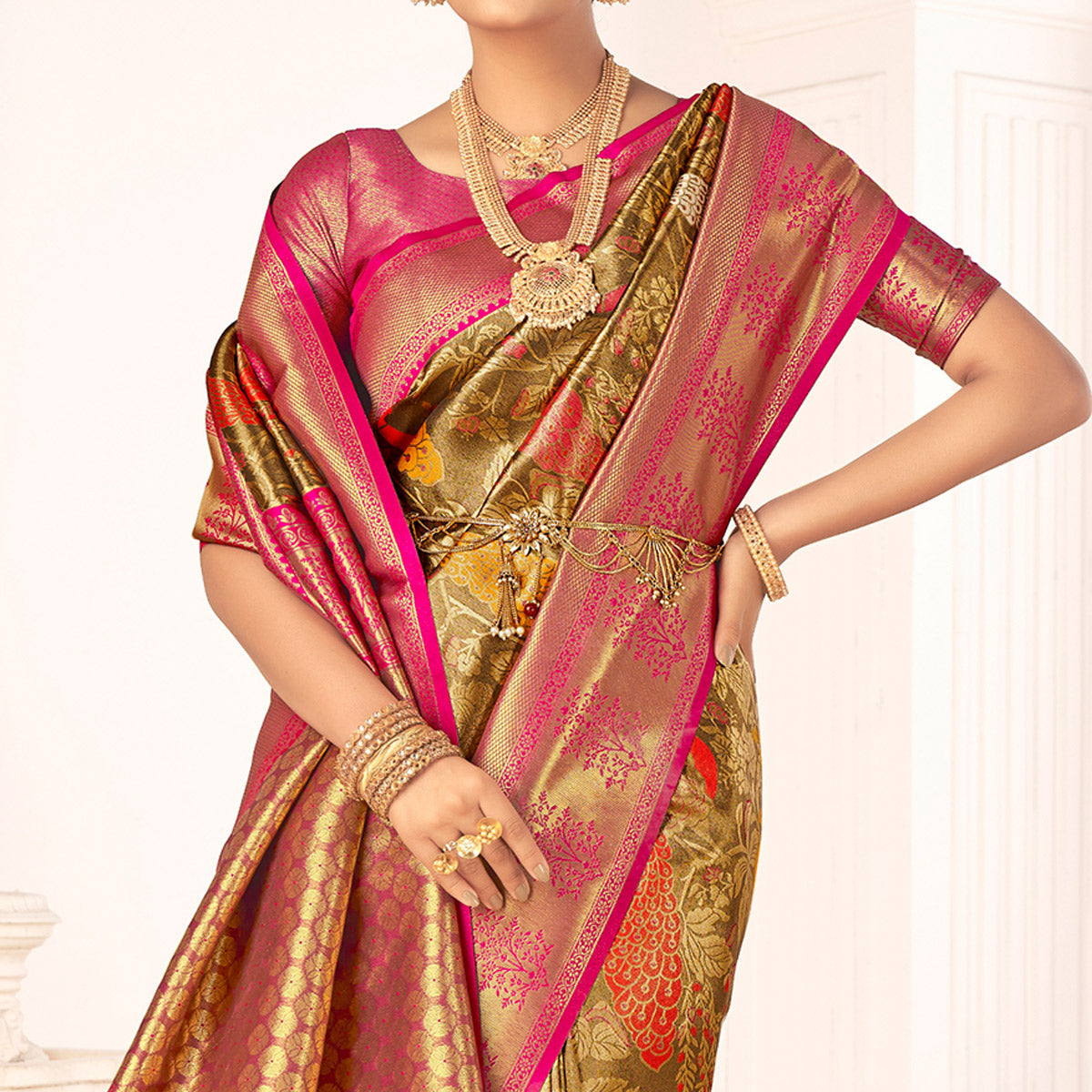 Brown Woven Pure Silk Saree With Tassels