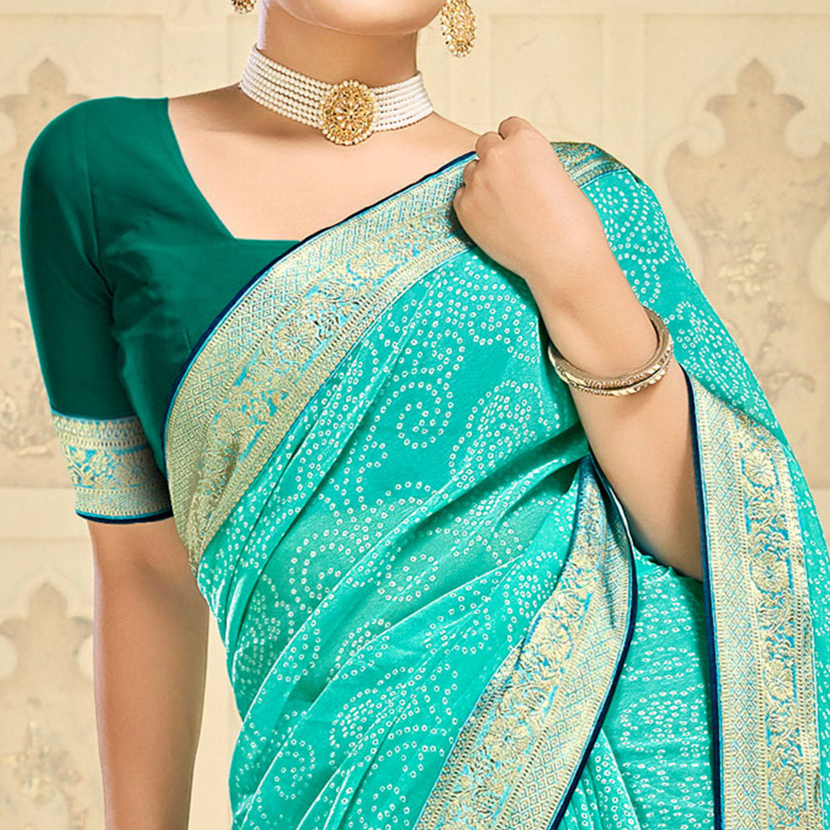 Turquoise Bandhani Printed Georgette Saree