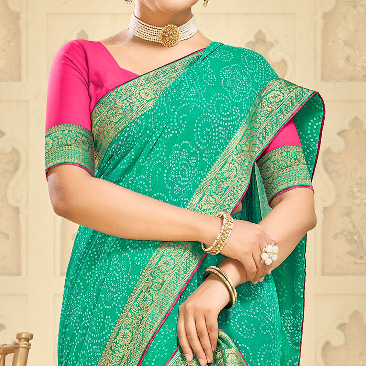 Green Bandhani Printed Georgette Saree