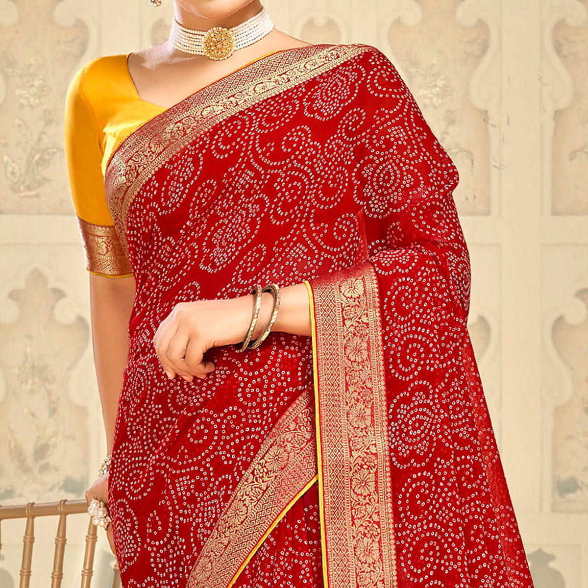 Red Bandhani Printed Georgette Saree