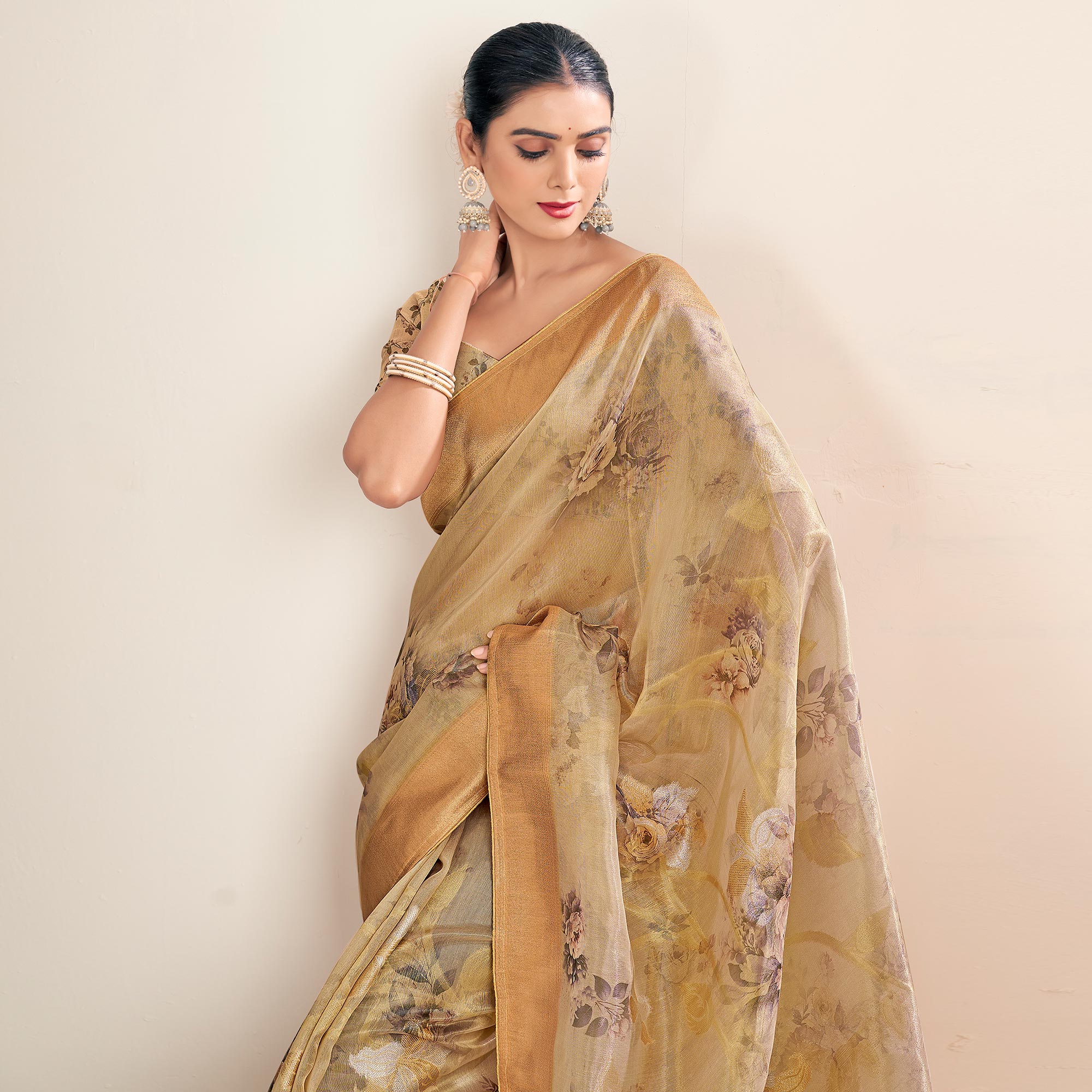 Chikoo Floral Digital Printed Tissue Silk Saree With Tassels