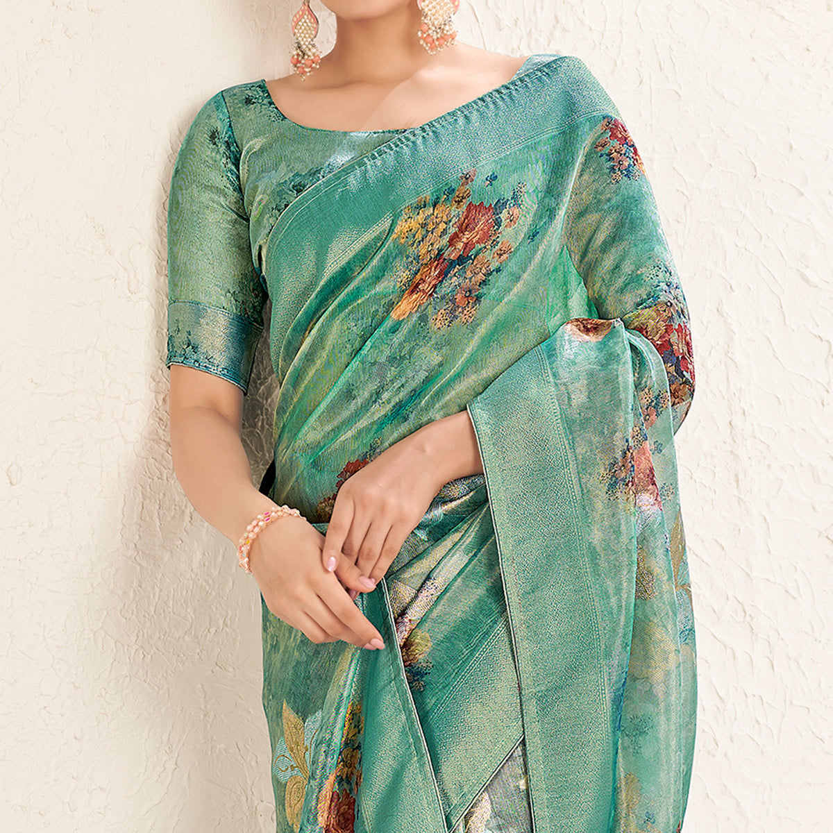 Sea Green Floral Digital Printed Tissue Saree With Tassels