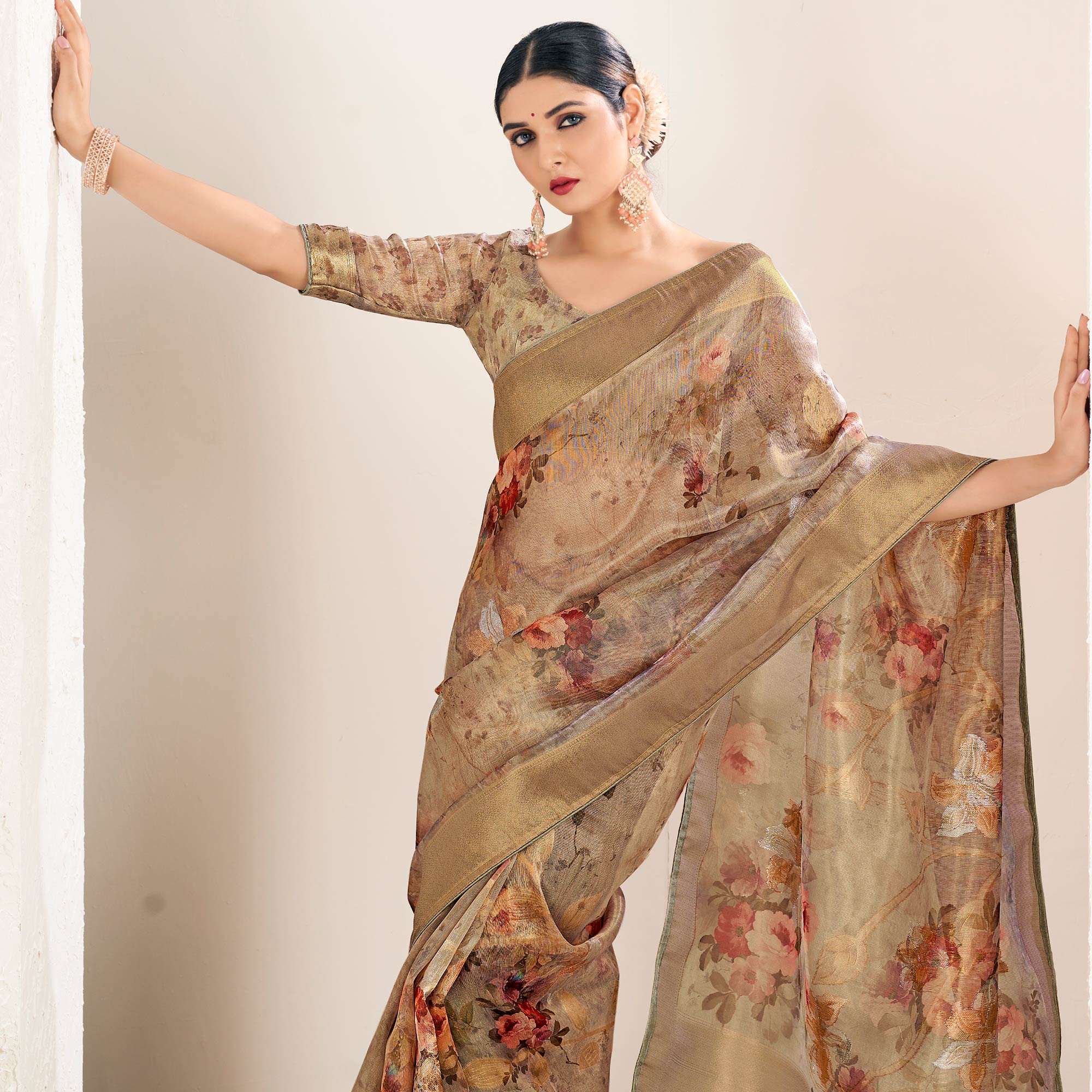 Light Brown Floral Digital Printed Tissue Saree With Tassels