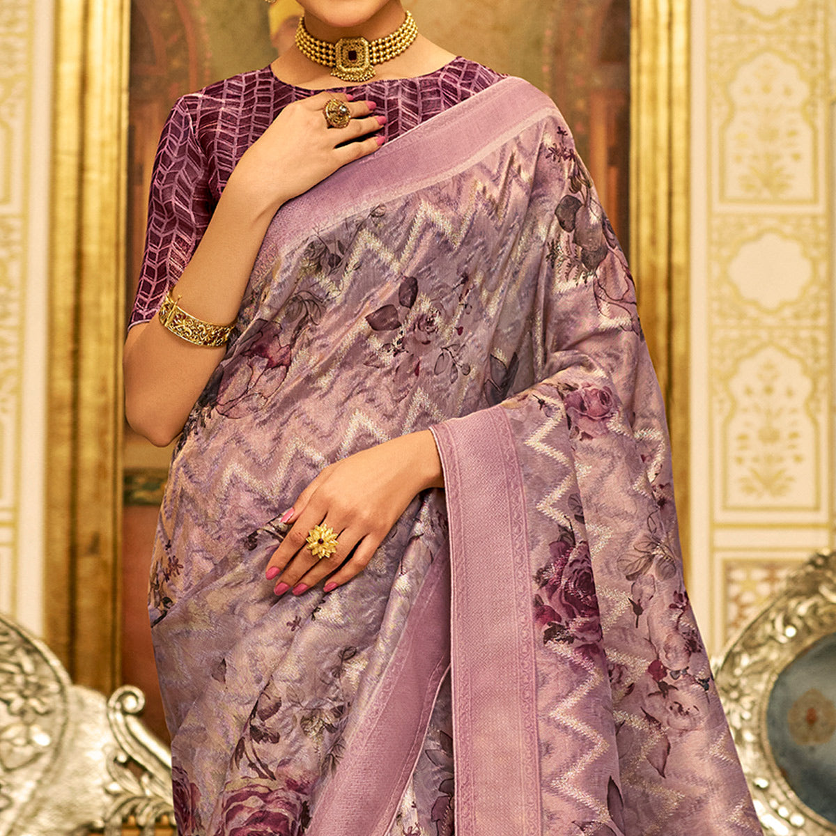 Purple Floral Digital Printed Tissue Silk Saree With Tassels