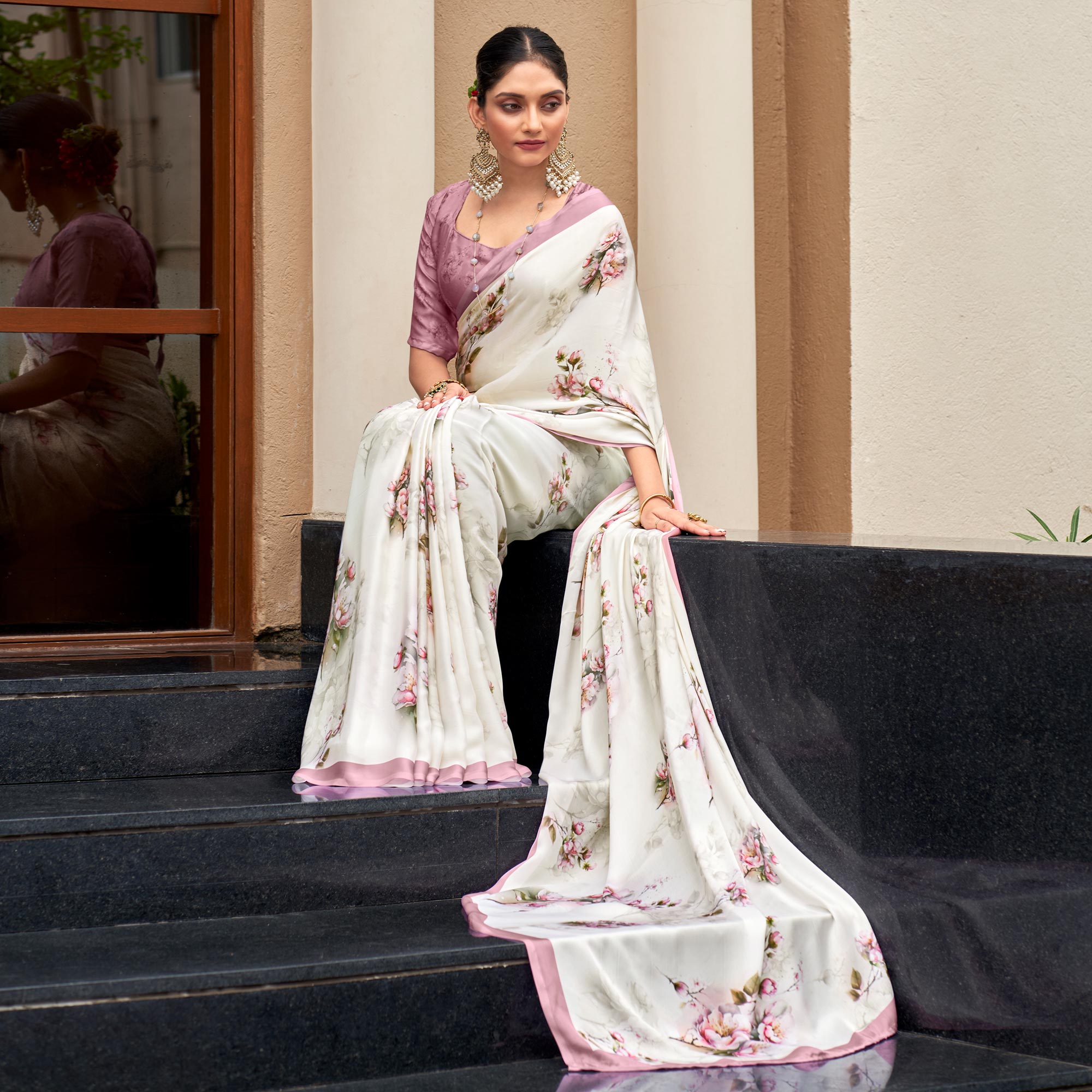 White Floral Digital Printed Satin Saree