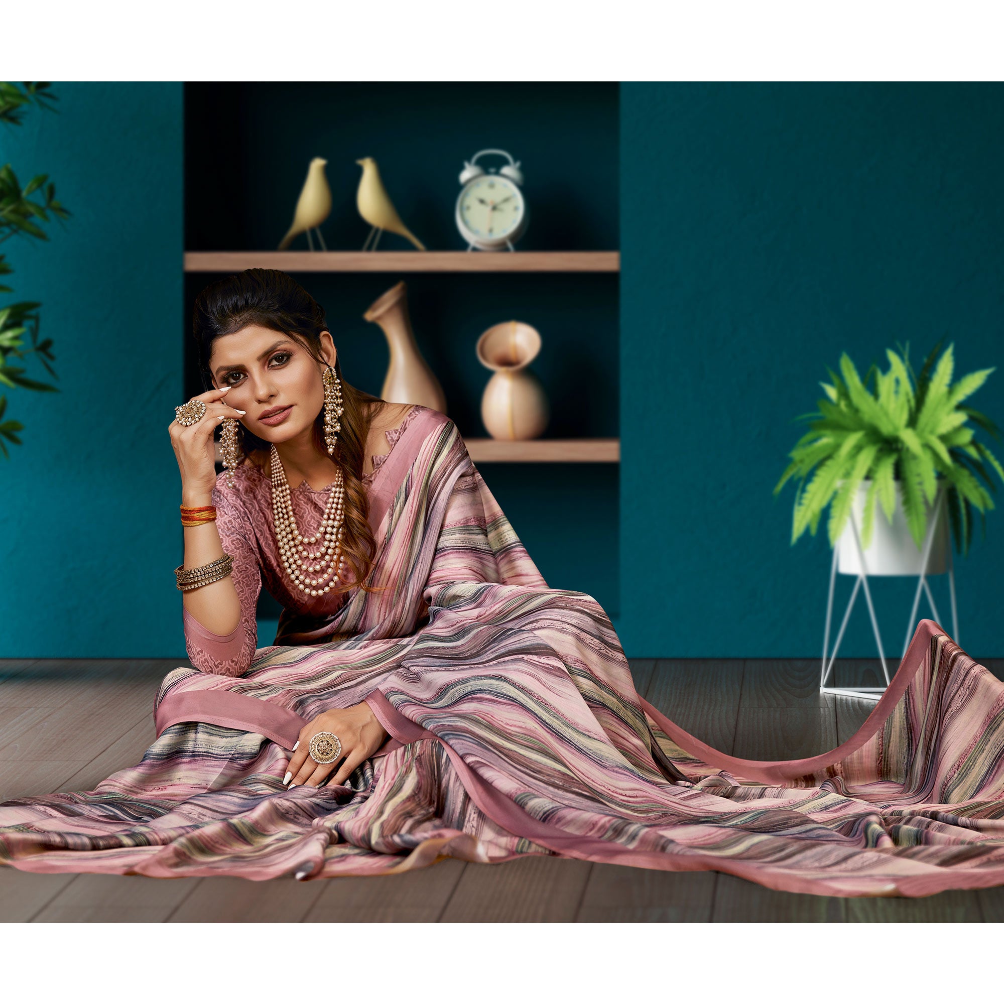 Dusty Pink Digital Printed Satin Saree