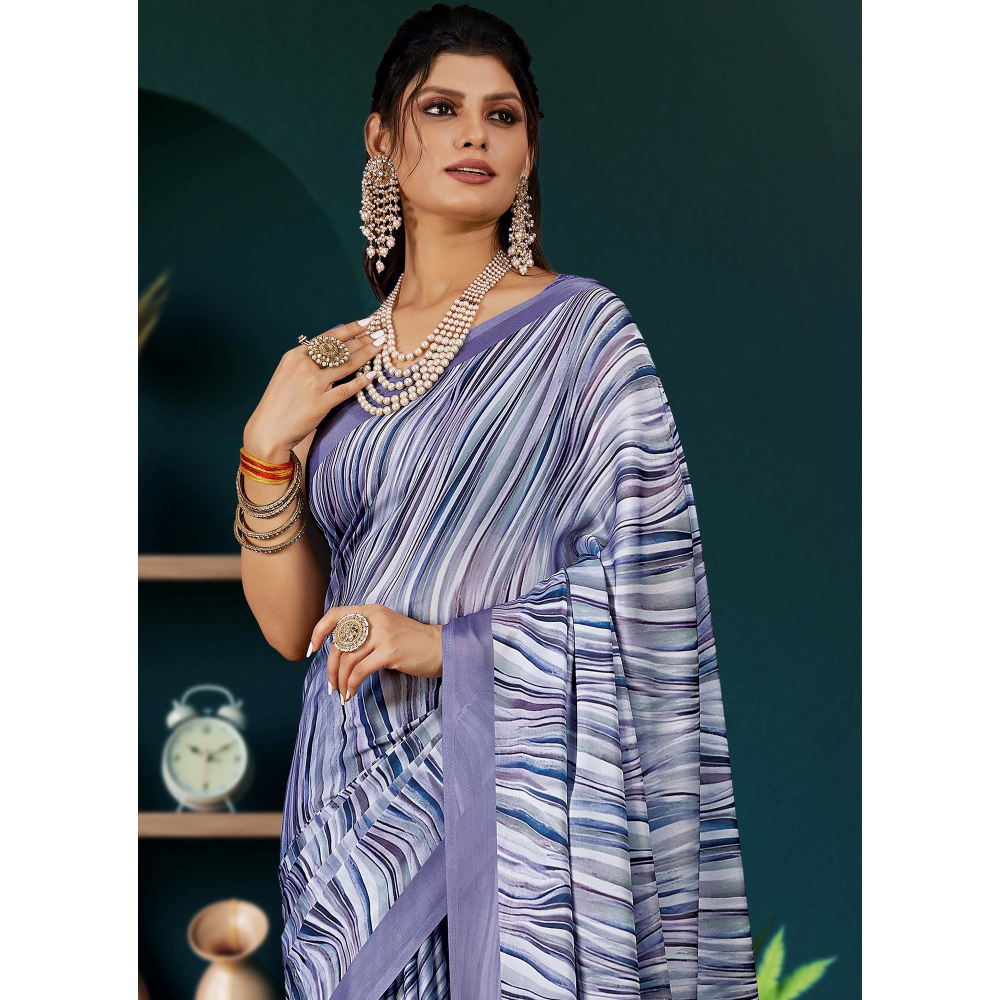 Light Purple Digital Printed Satin Saree