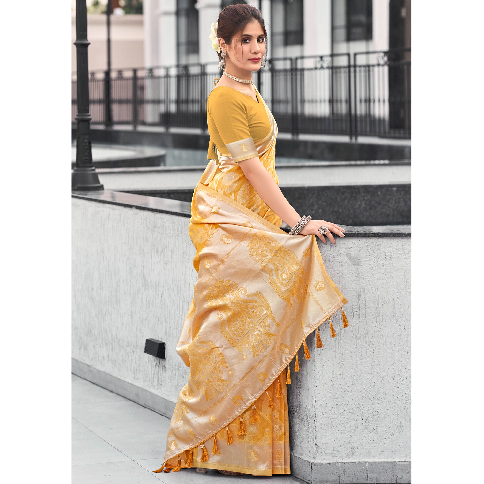 Yellow Woven Cotton Silk Saree With Tassels