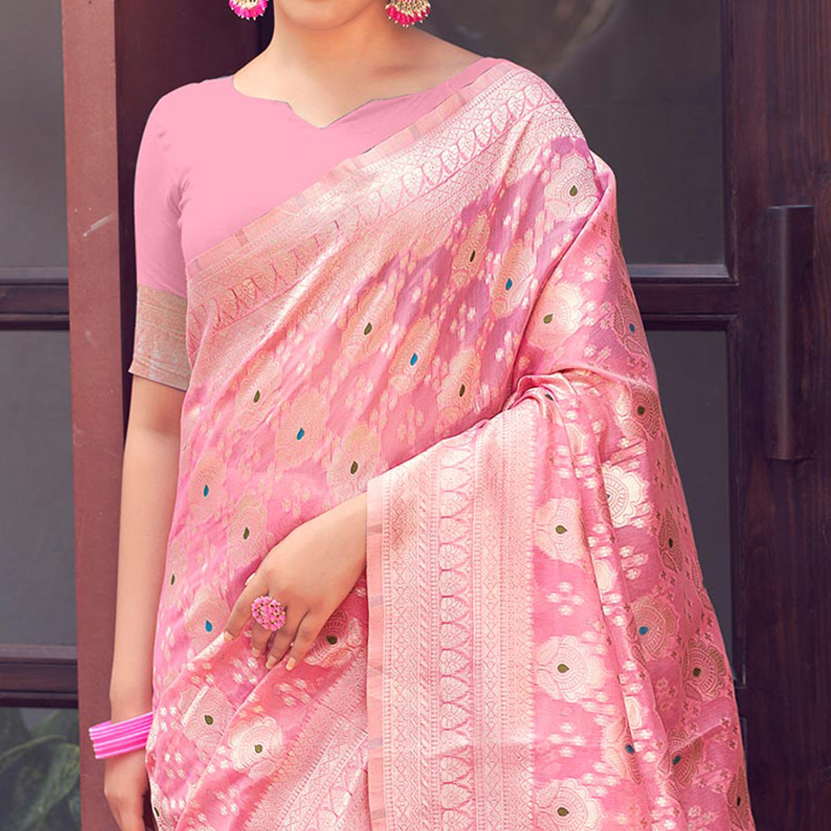 Pink Woven Cotton Silk Saree With Tassels