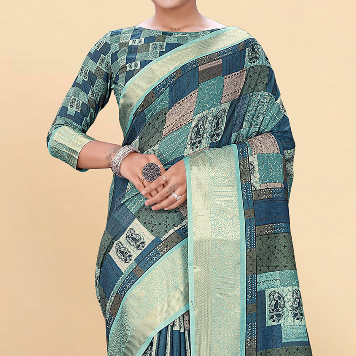 Blue Digital Printed Pure Cotton Saree