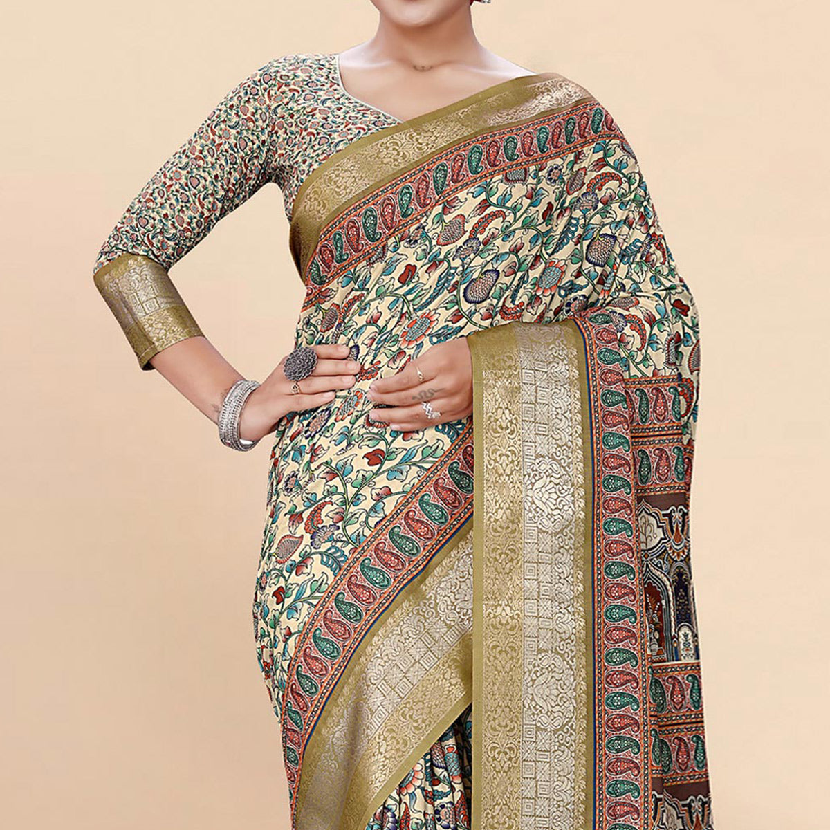 Light Lemon Yellow Floral Digital Printed Pure Cotton Saree