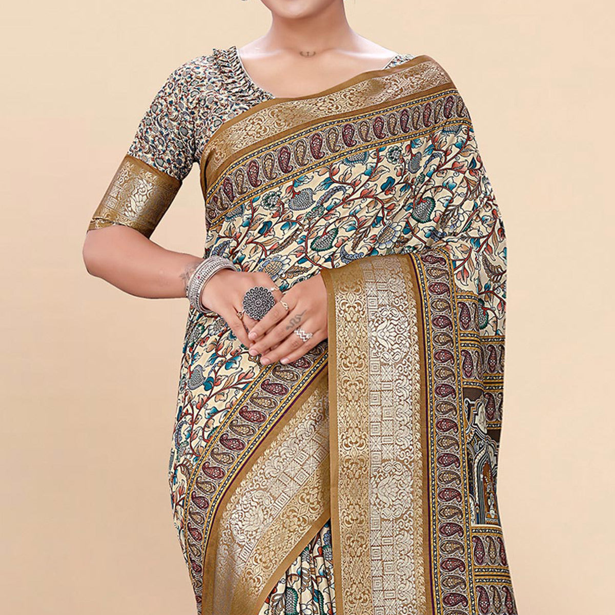 Cream Floral Digital Printed Pure Cotton Saree