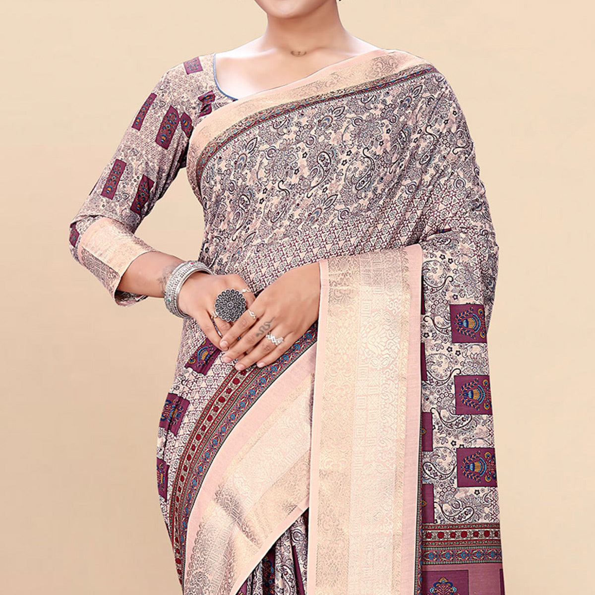 Light Pink Floral Digital Printed Pure Cotton Saree