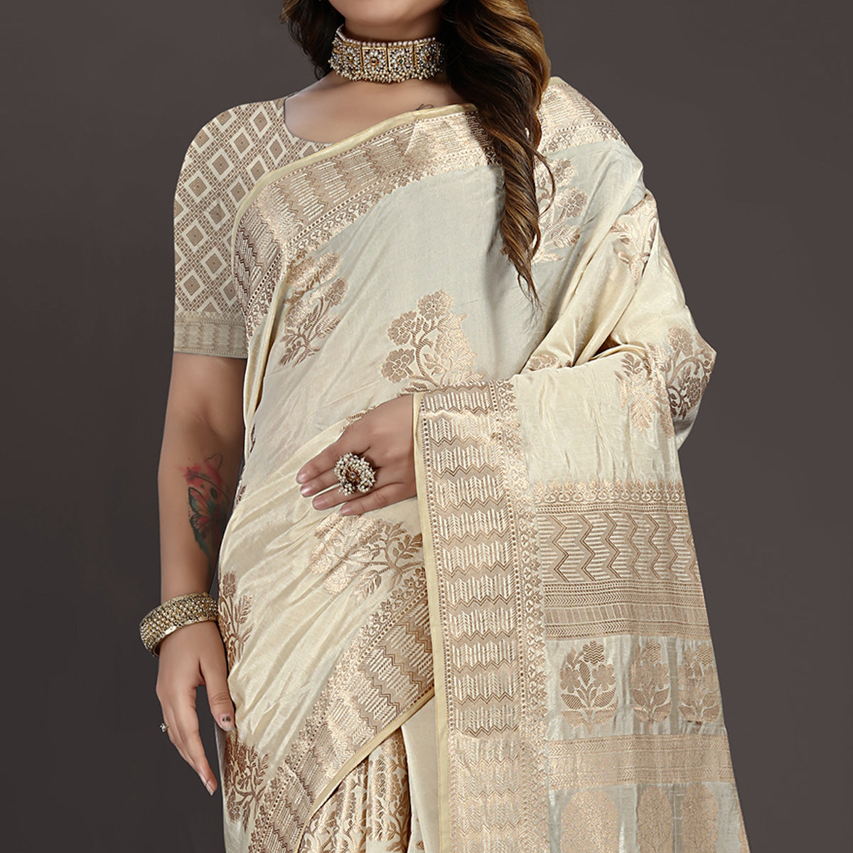 Cream Floral Woven Raw Silk Saree
