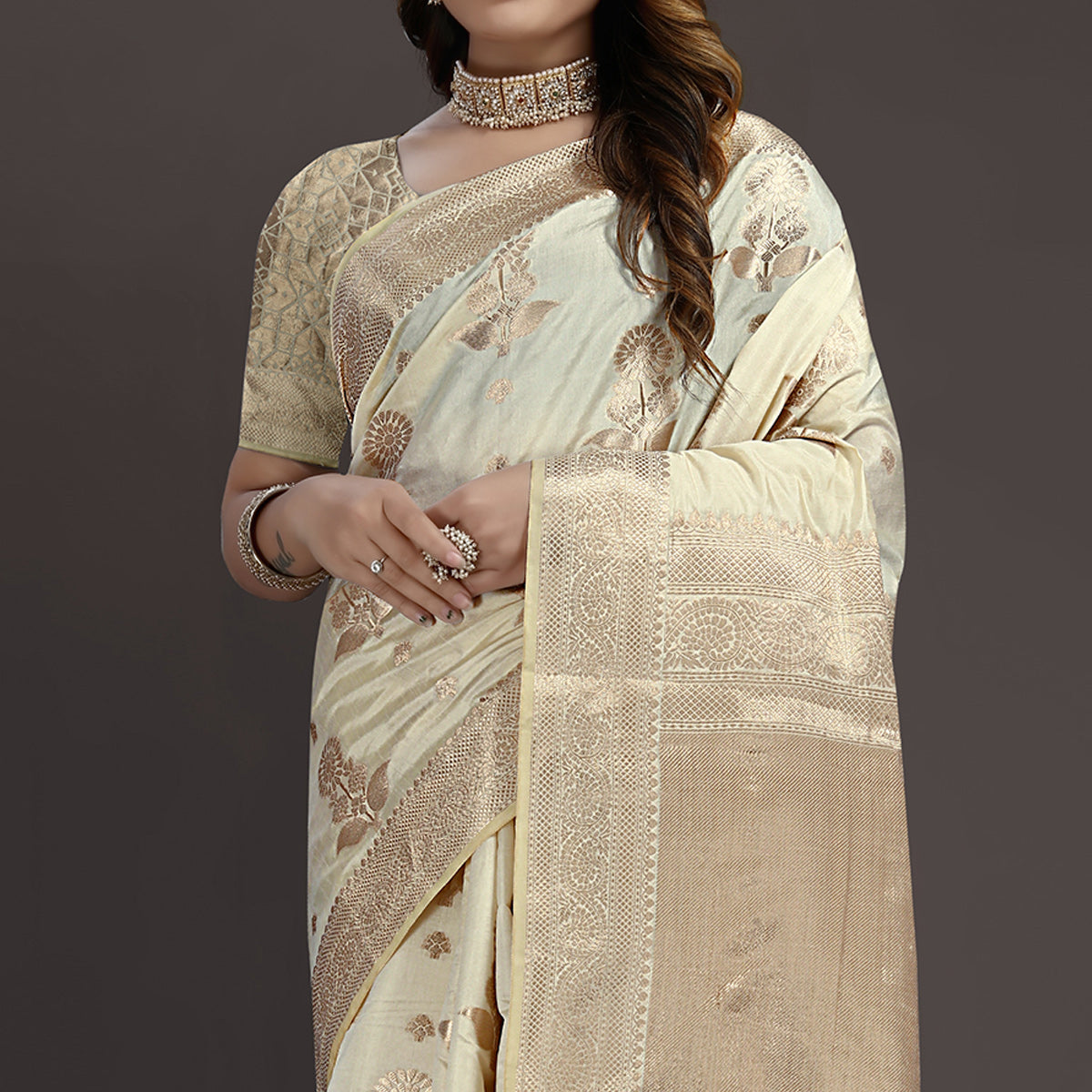Cream Floral Woven Raw Silk Saree