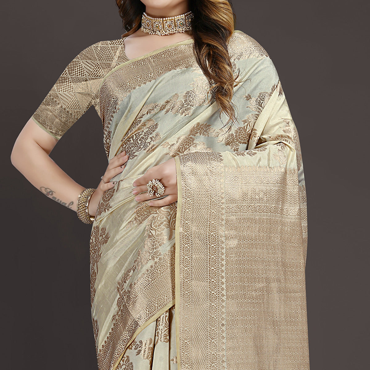 Cream Floral Woven Raw Silk Saree