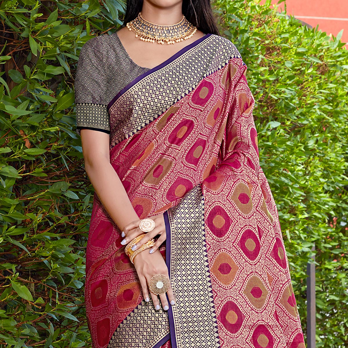 Rani Pink Woven Art Silk Saree