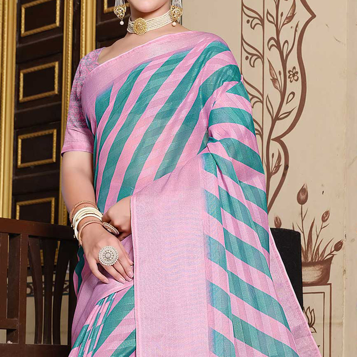 Baby Pink Printed Pure Cotton Saree