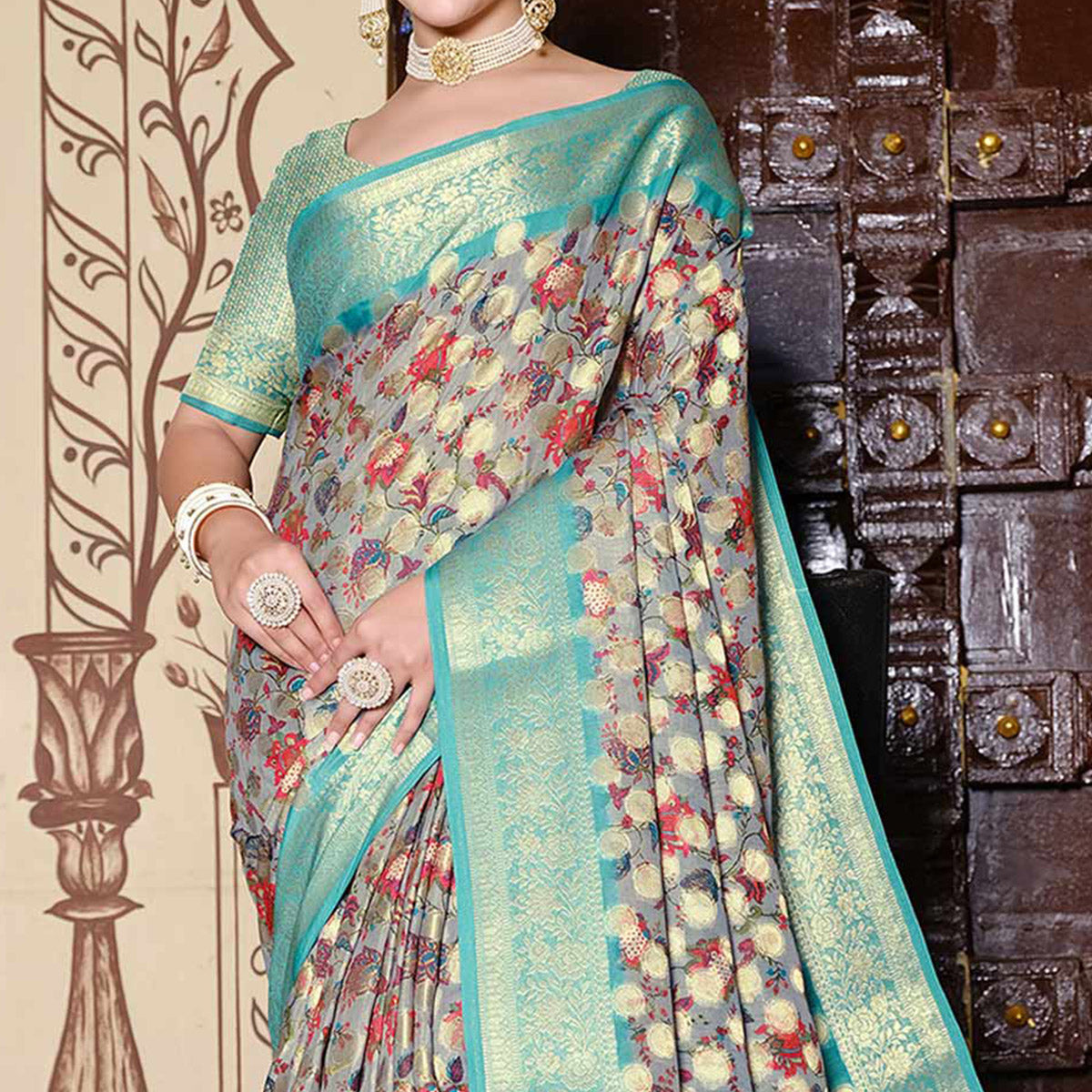 Grey & Turquoise Floral Printed Pure Cotton Saree