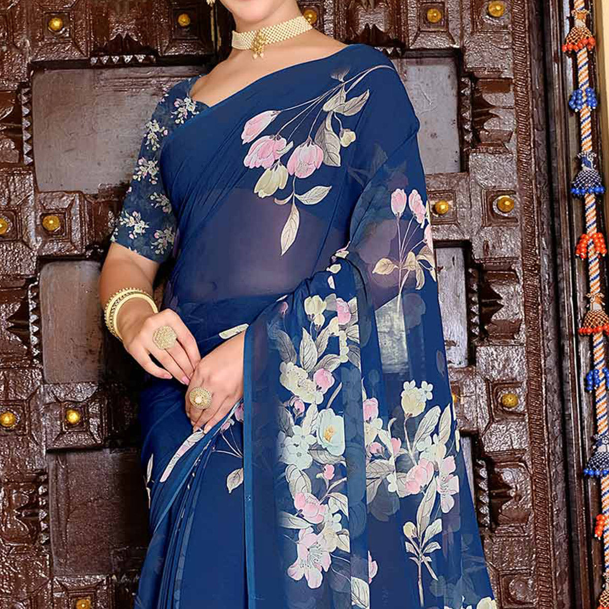 Blue Floral Digital Printed Georgette Saree