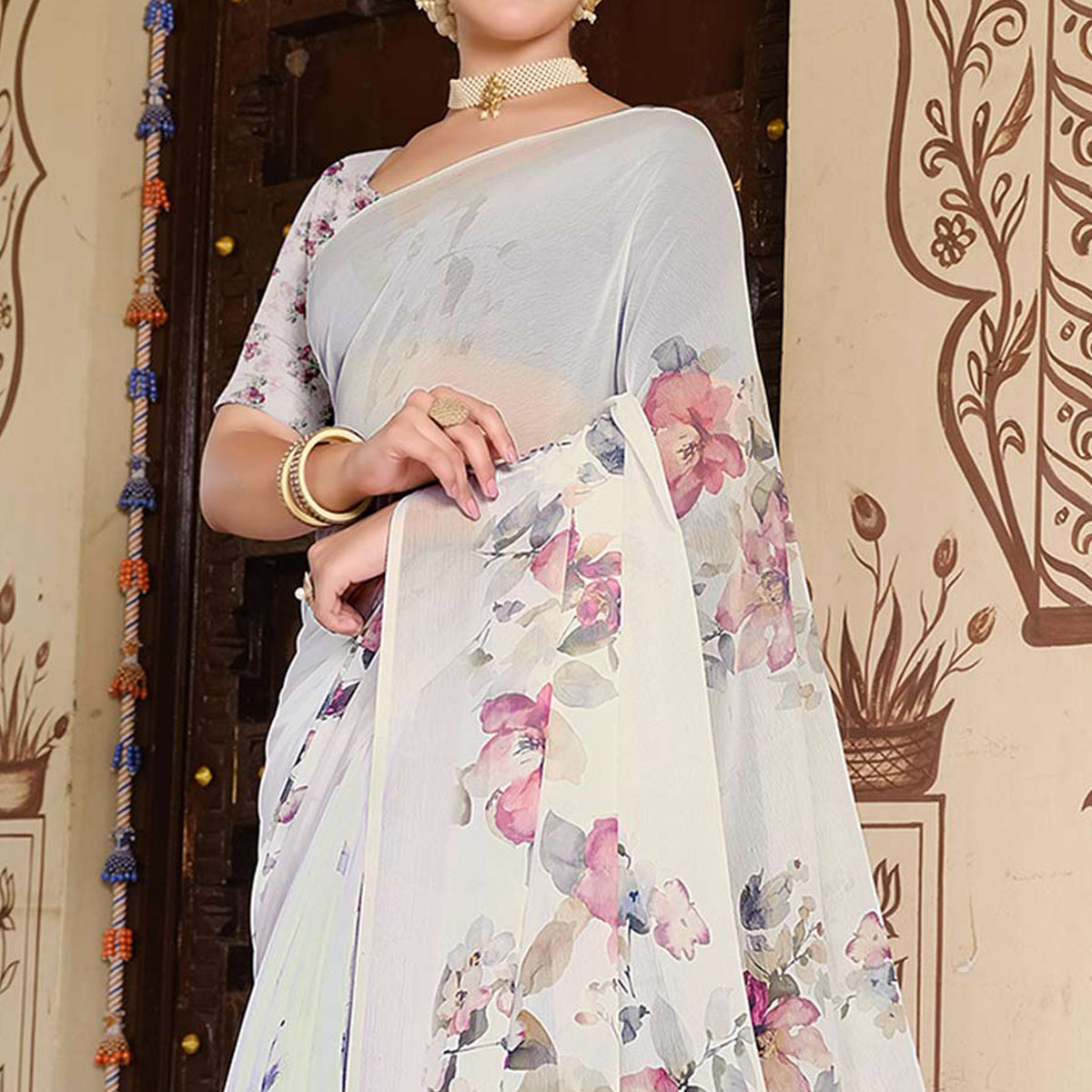 White Floral Digital Printed Georgette Saree