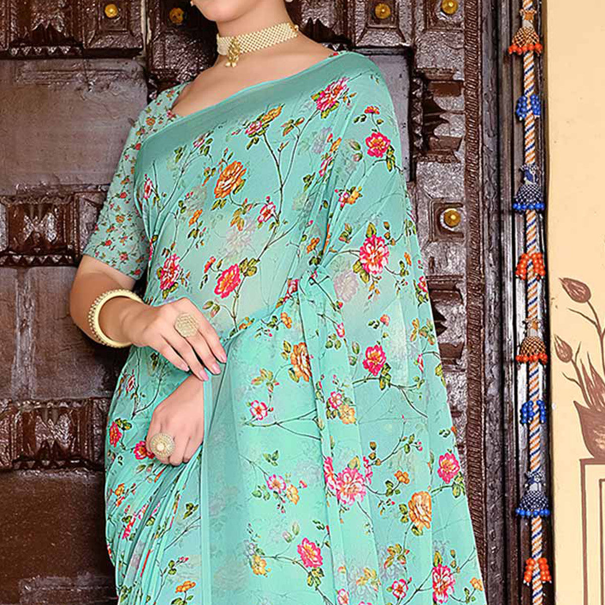 Turquoise Floral Digital Printed Georgette Saree