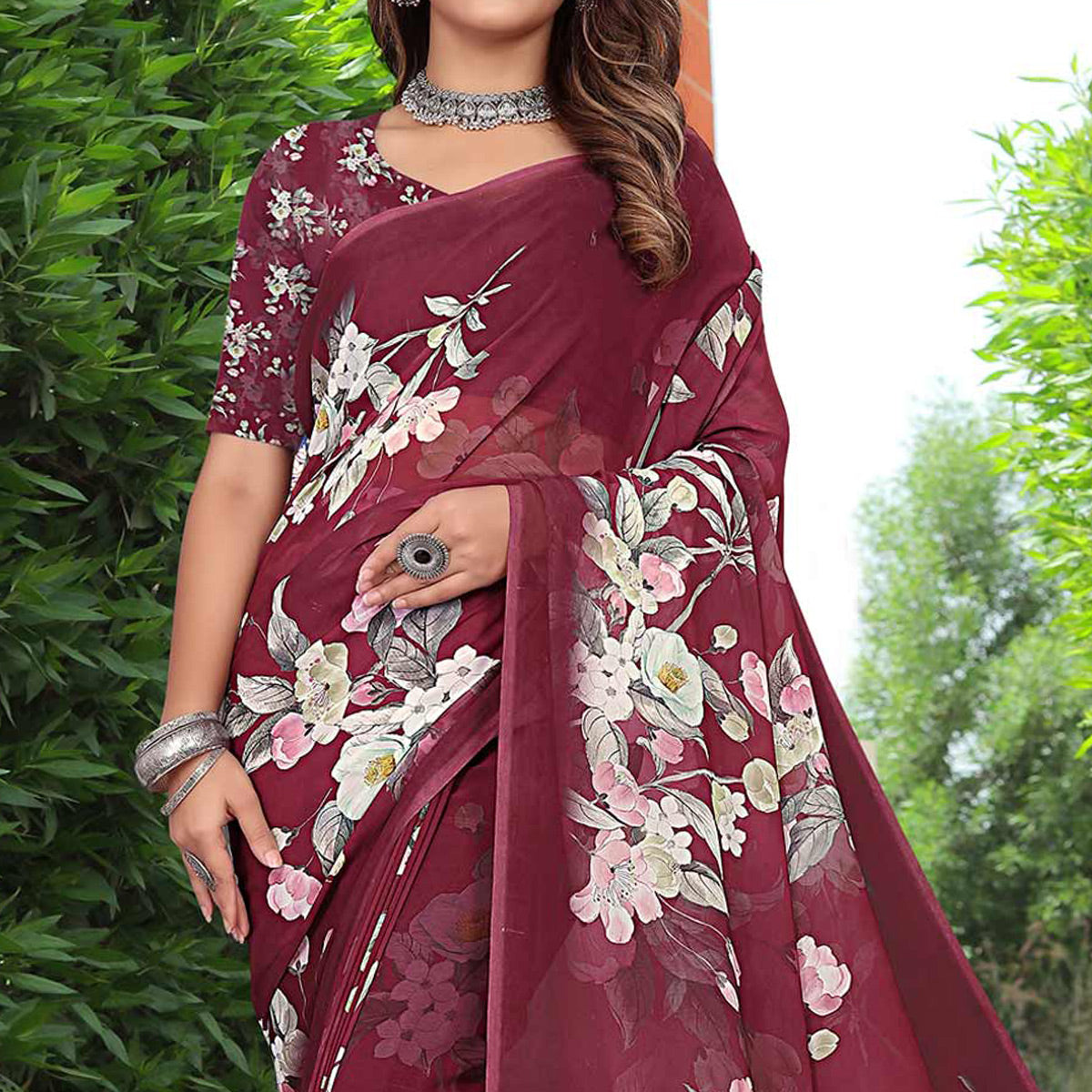 Maroon Floral Digital Printed Georgette Saree