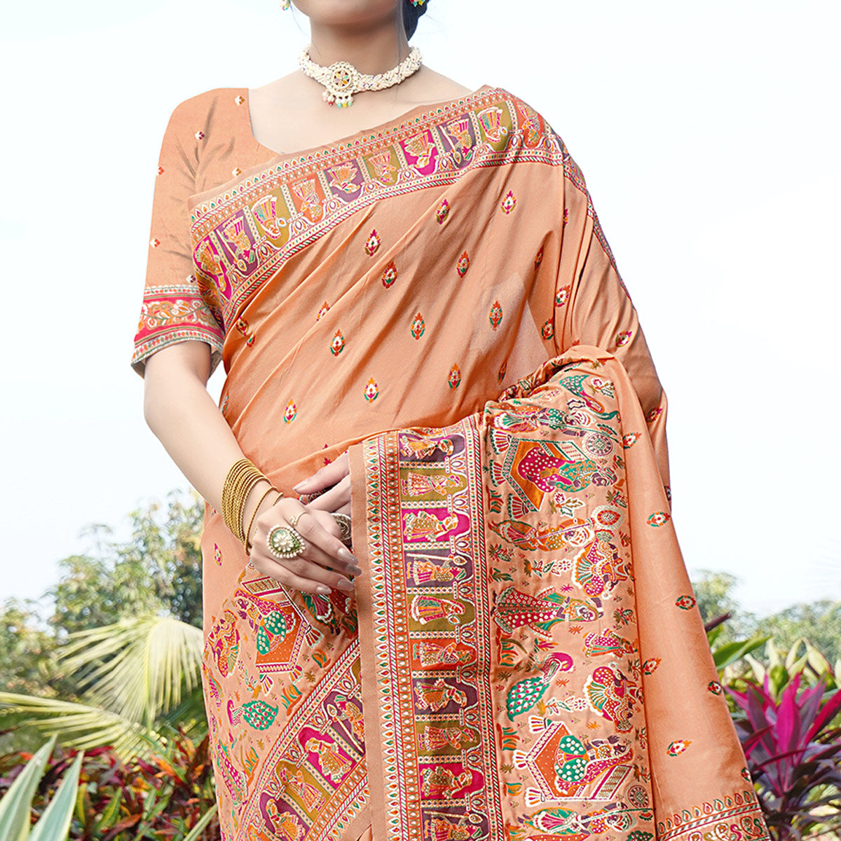 Peach Woven Pure Silk Saree