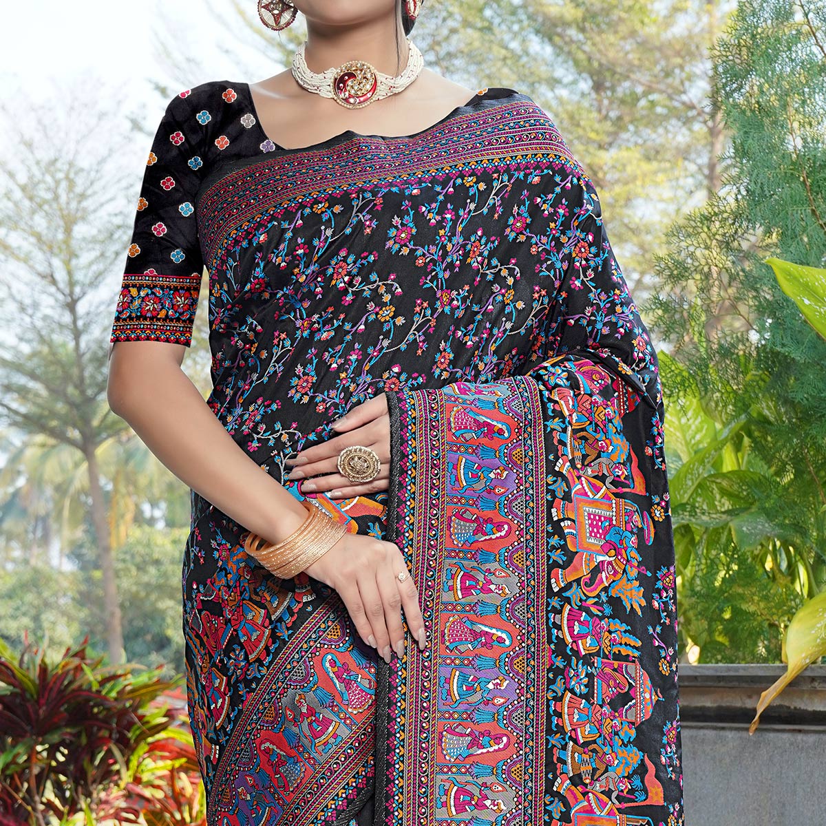 Black Floral Purple Woven Pure Silk Saree